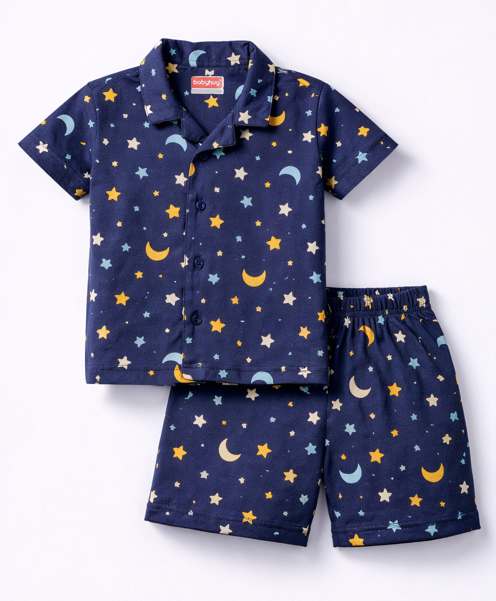 Babyhug Cotton Knit Half Sleeves Shirt & Shorts Co-ord Night Suit With Star & Moon Print - Navy Blue-image-39