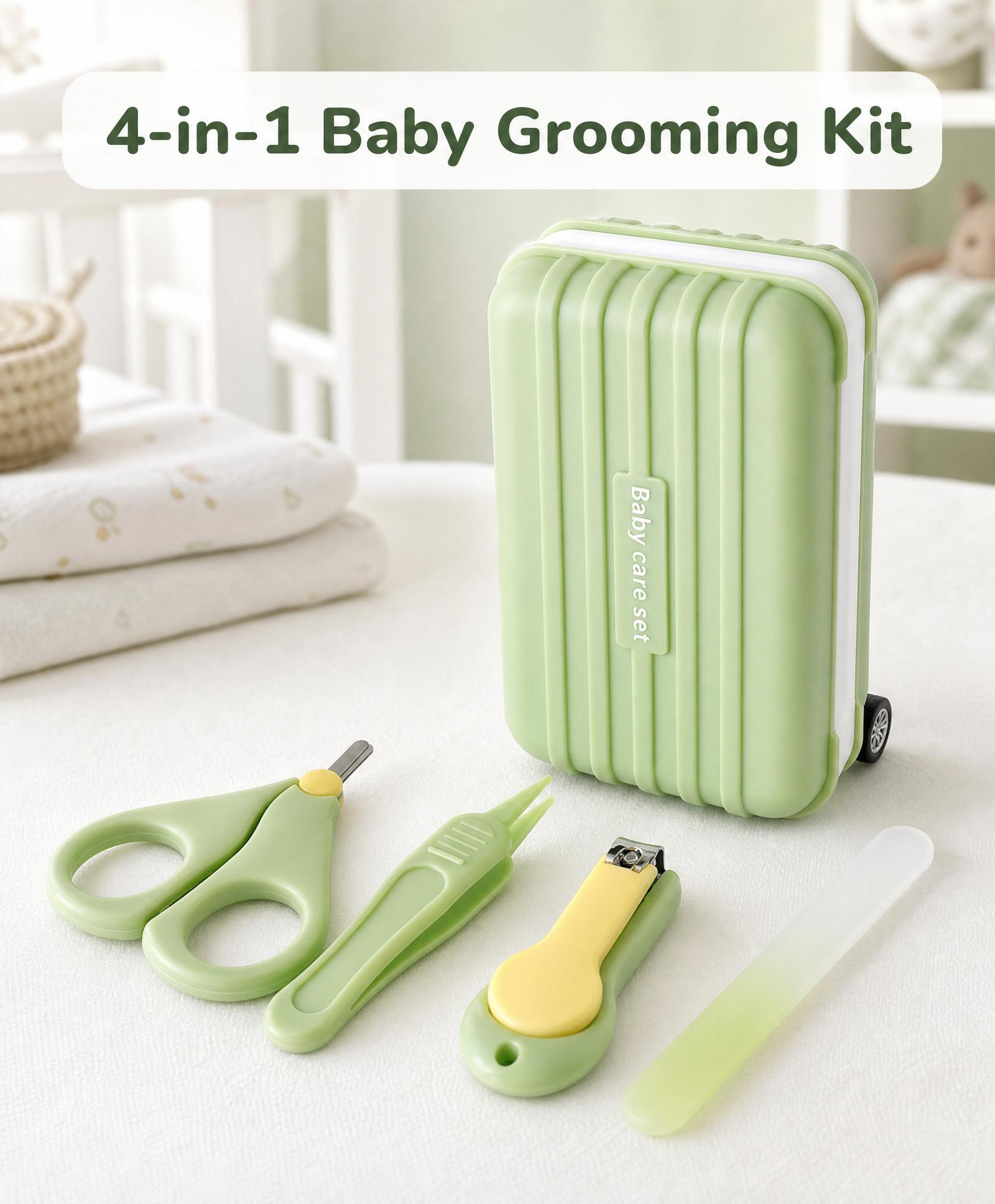 4-in-1 Baby Grooming Kit With Nail Clipper Scissors Tweezers & Filer Safe & Gentle Care Set with Cute Trolley Case - Light Green-image-47