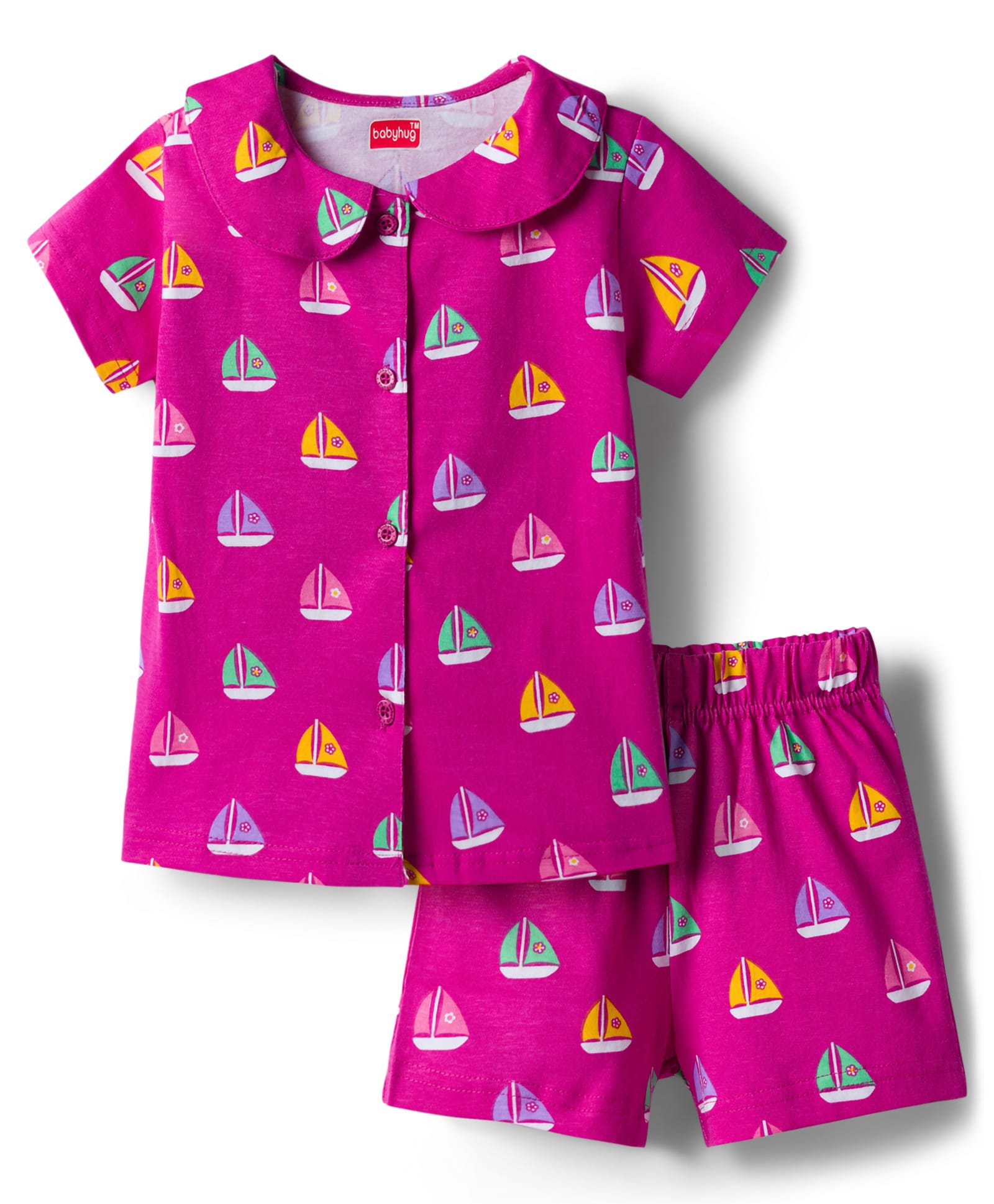 Babyhug Cotton Knit Full Sleeves Top & Shorts Co-ord Night Suit With Boat Print - Dark Pink-image-49