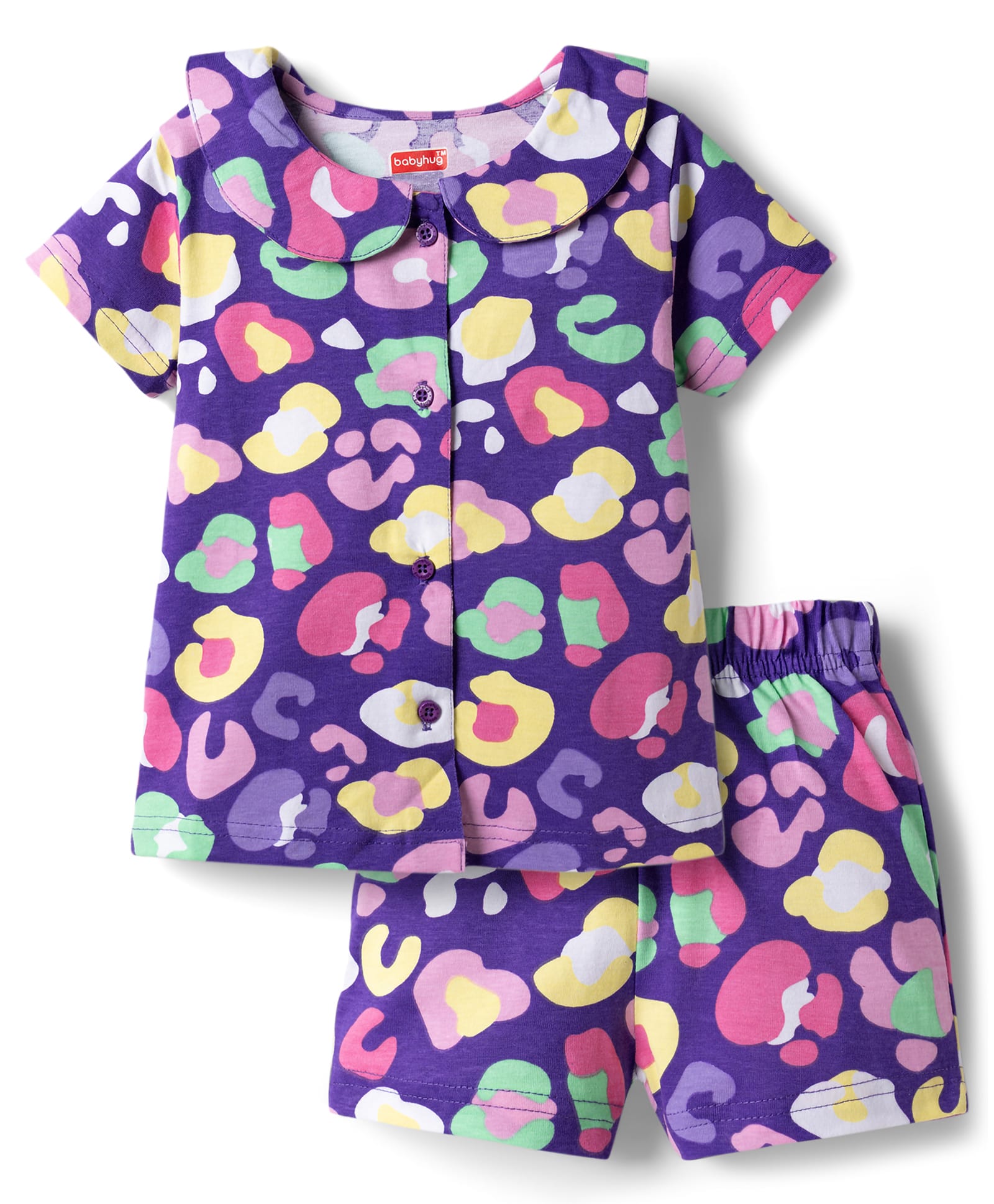 Babyhug Cotton Knit Half Sleeves Printed Top & Shorts Co-Ord Night Suit - Purple-image-17