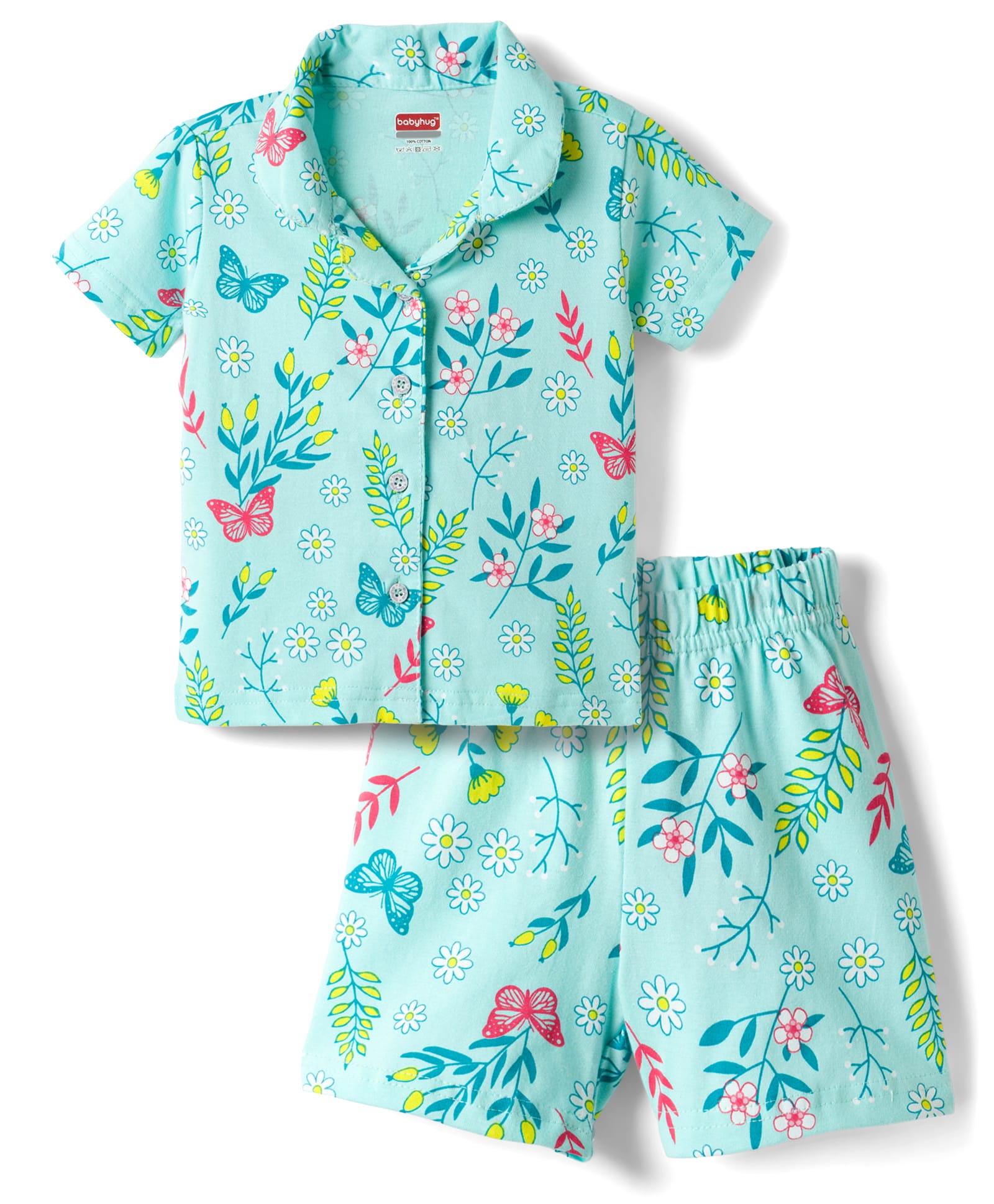 Babyhug Cotton Knit Half Sleeves Shirt & Shorts Co-ord Night Suit With Floral Print - Sea Green-image-34
