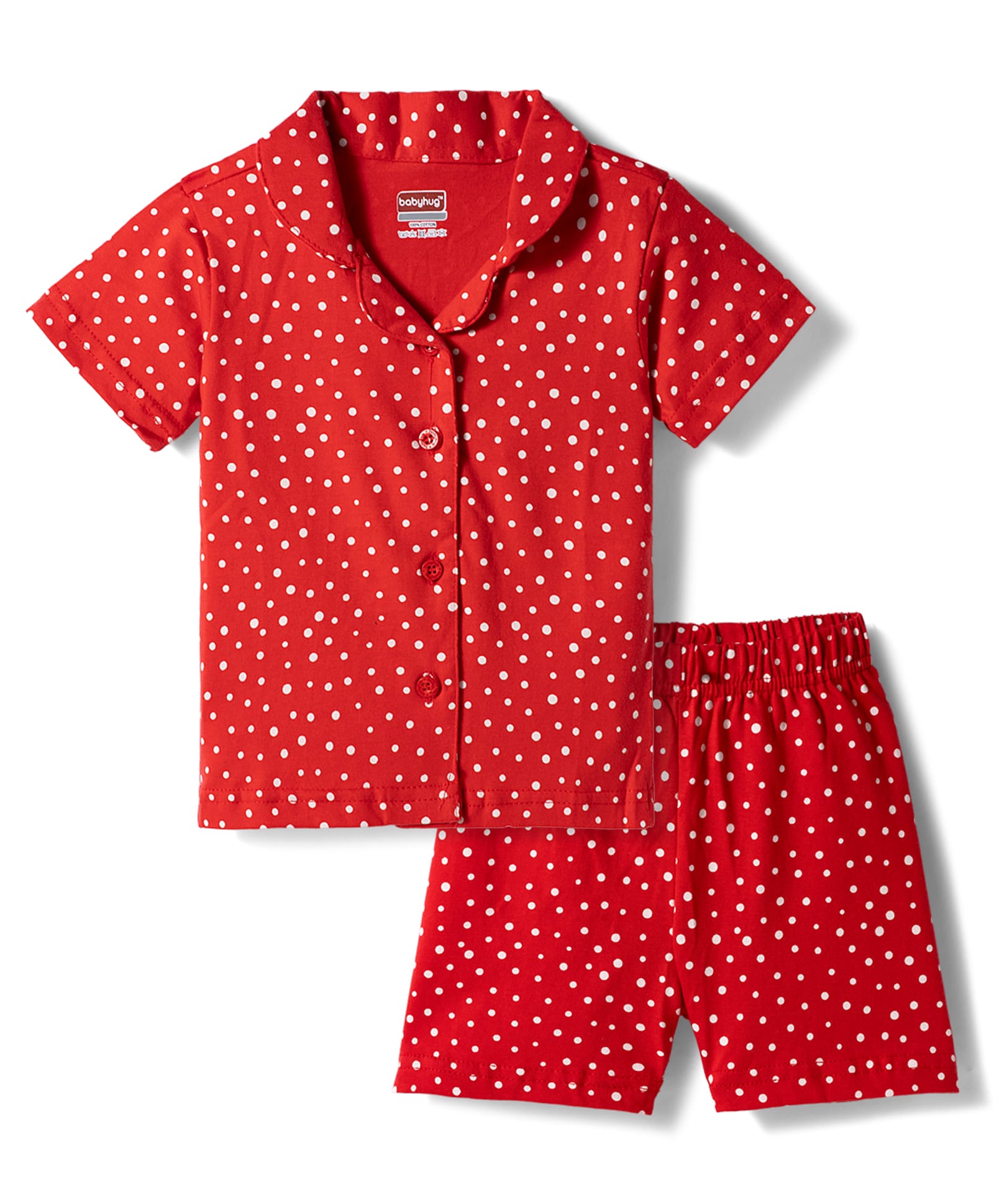 Babyhug Cotton Knit Half Sleeves Polka Dots Printed Co-Ord Shirt & Shorts Night Suit - Red-picture-28