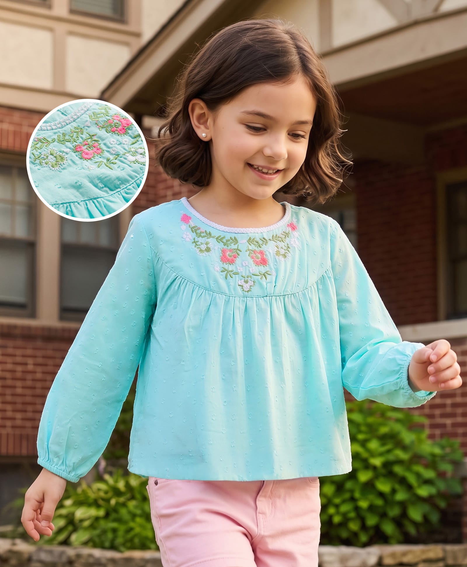 Kookie Kids Cotton Woven Full Sleeves Top with Floral Embroidery - Aqua Blue-image-40