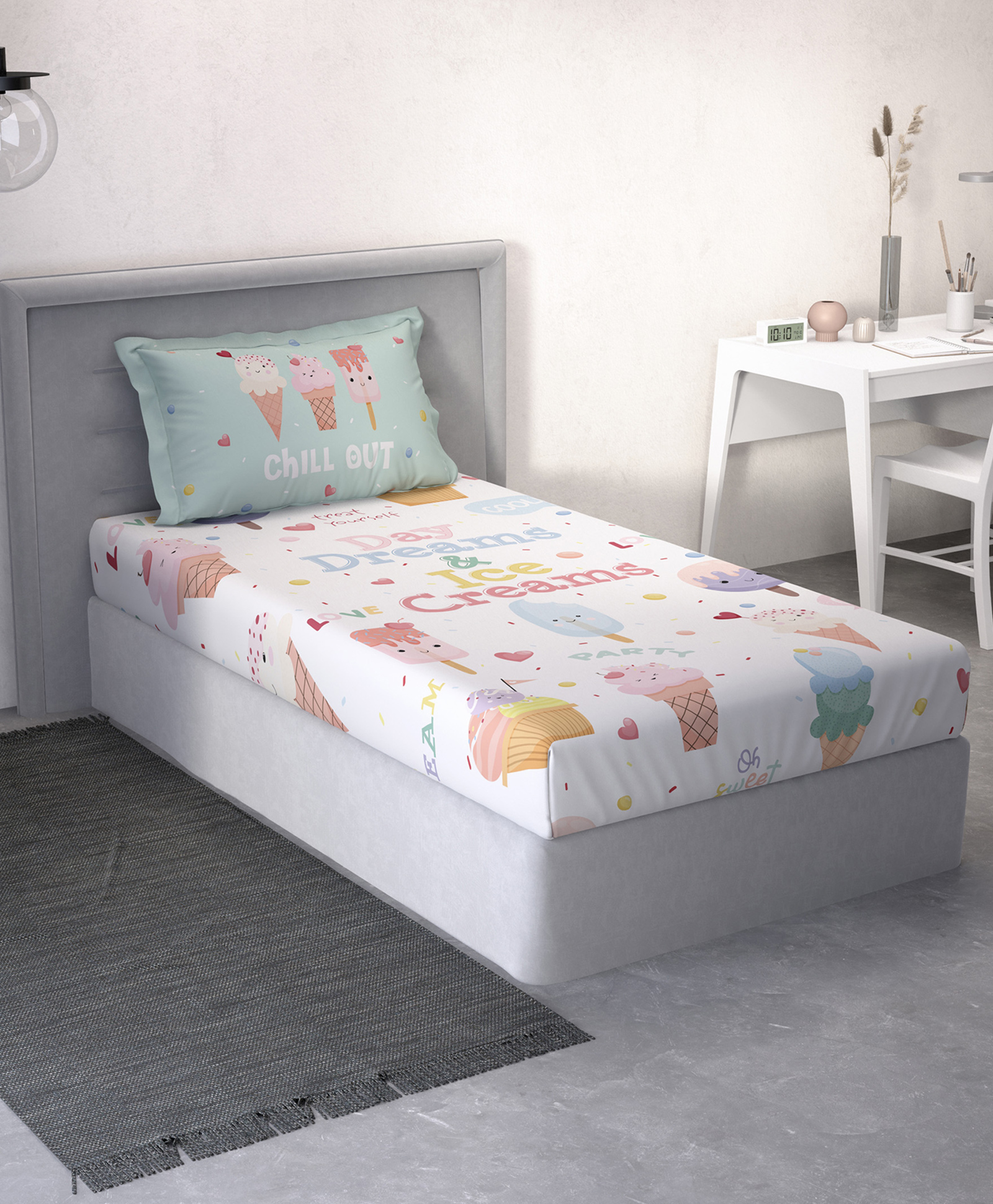 DDecor Little Brats Kids Collection 100% Cotton Graphic 144TC Single Flat Bedsheet with 1 Pillow Cover - Pink