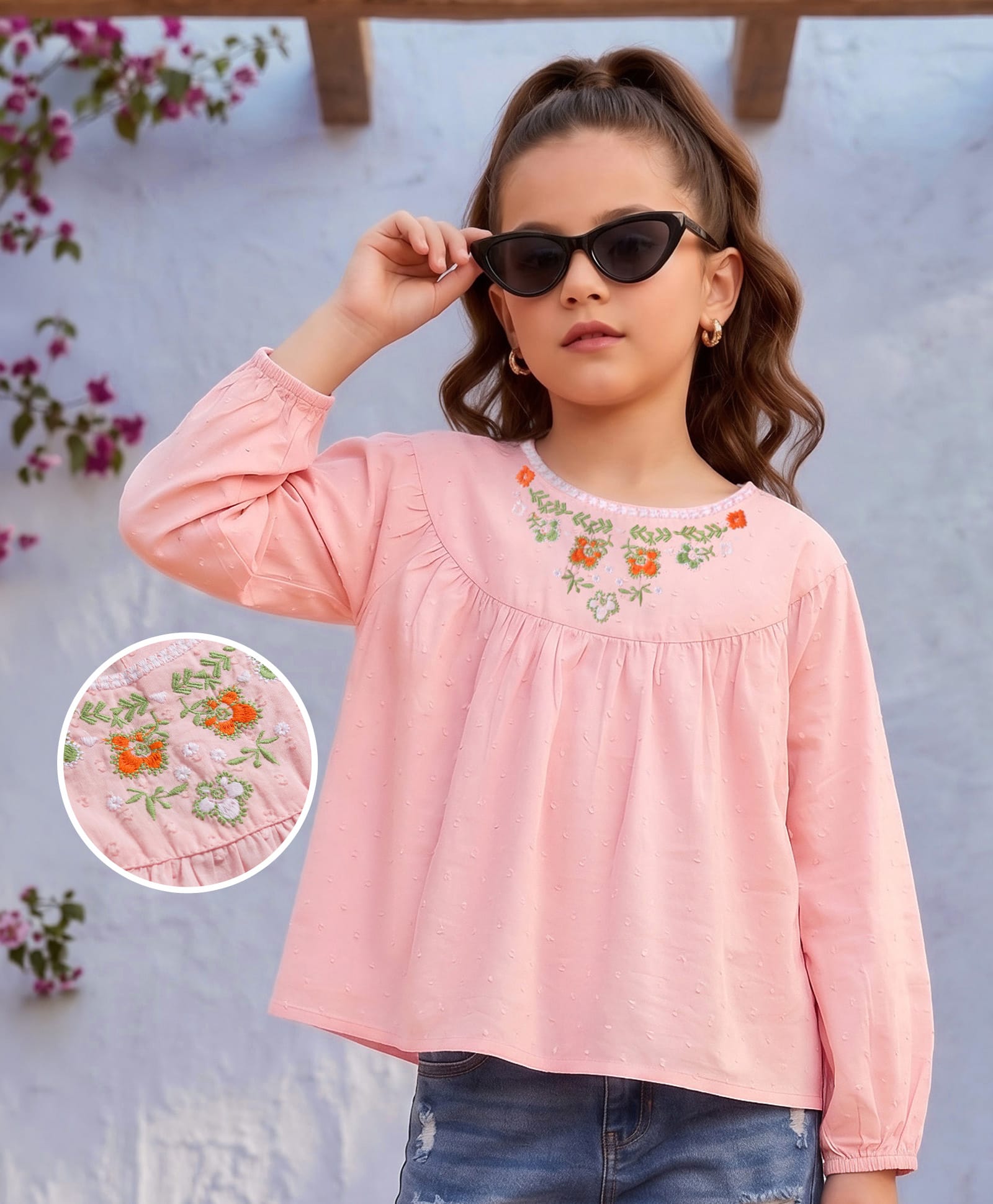 kookie kids india Kookie Kids Cotton Woven Full Sleeves Top with Floral Embroidery - Pink-picture-14