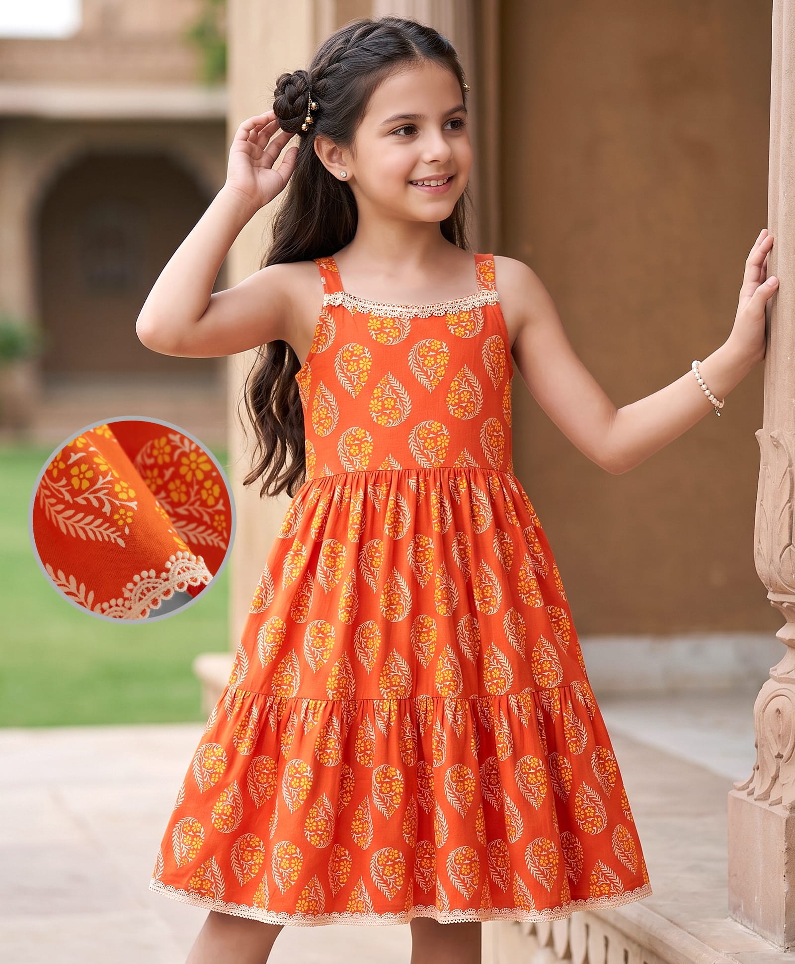 EARTHY TOUCH Cotton Knit Sleeveless Floral Printed Ethnic Dress - Orange-image-18