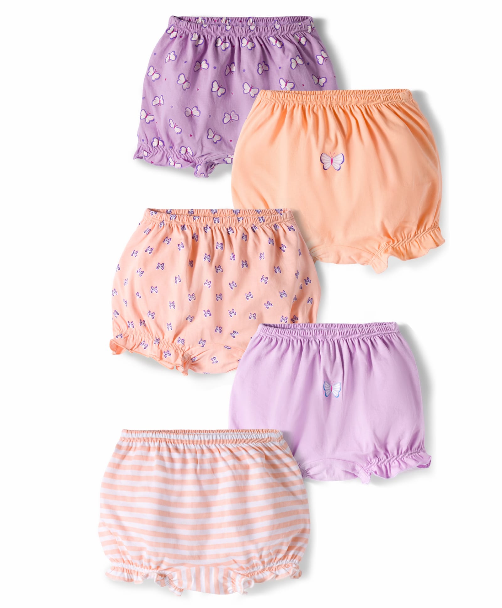 Honeyhap Premium 100% Cotton Knit Bloomers With Stripes & Butterfly Print & Bio Finish Pack of 5 - Tropical Peach Orchid Bouquet & Bright White-image-45