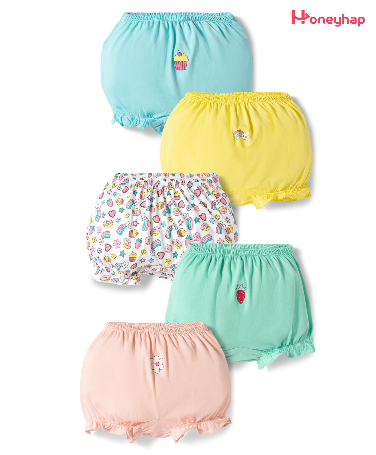 Honeyhap Premium 100% Cotton Knit With Bio Finish Bloomers With Floral & Cupcake Print Pack of 5 - Tanager Turquoise Yellow Iris Bright White Primrose Print & Bay-image-48