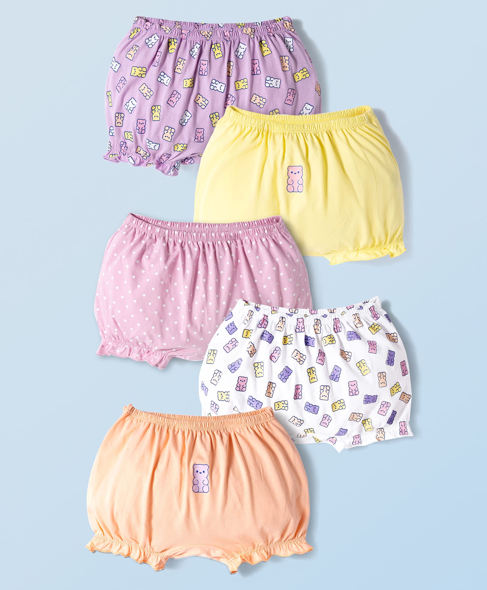 Honeyhap Premium 100% Cotton Knit Bloomers with Bio Finish Bear Print Pack of 5 - Orchid Bouquet & Peach Fuzz Bright White-picture-10