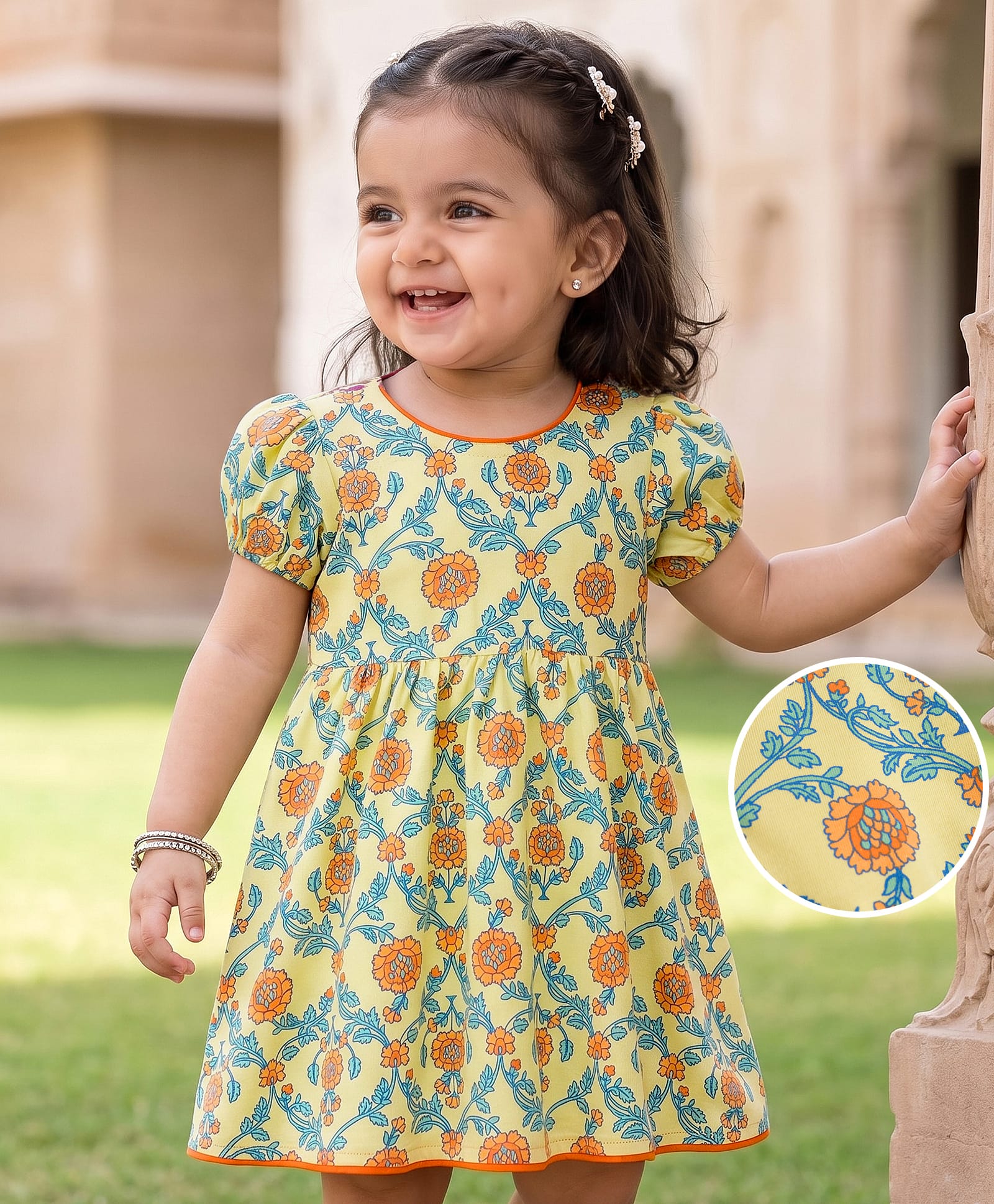 EARTHY TOUCH Cotton Knit Half Sleeves Ethnic Dress With Floral Print - Yellow-image-24