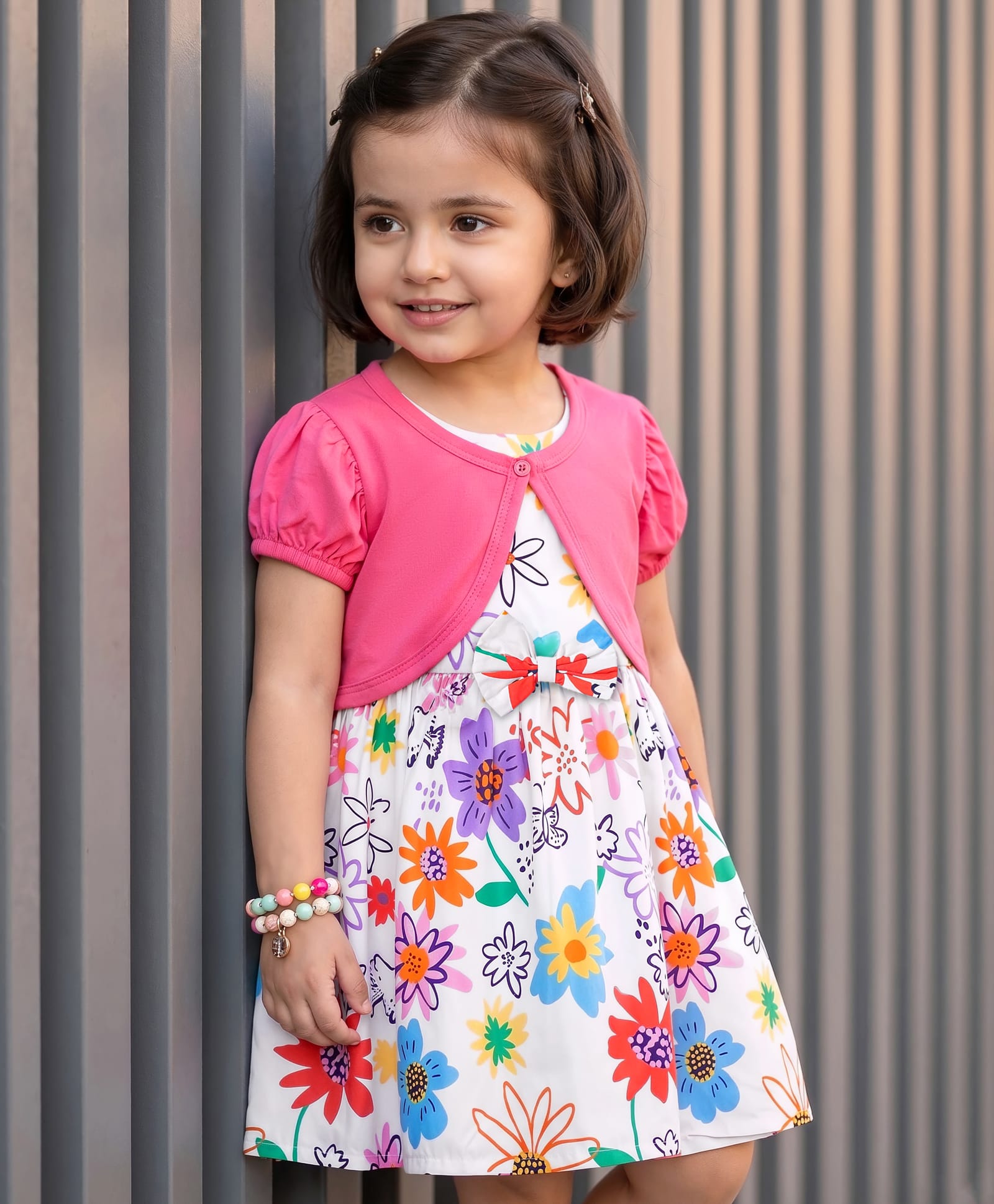 Babyhug Viscose Rayon Knit Frocks With Jacket/Shrug & Floral Print - White & Pink-image-28