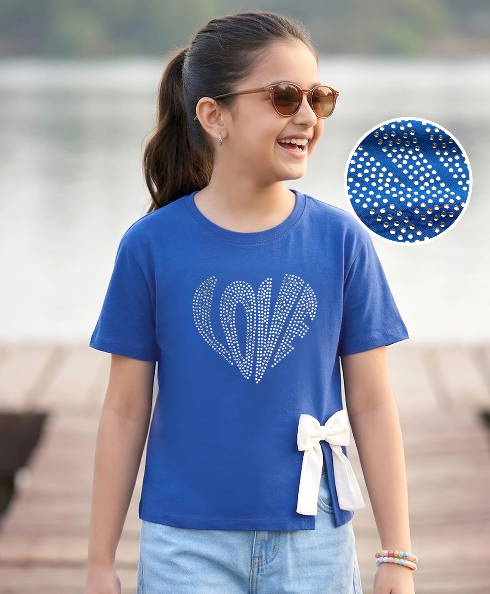 Pine Kids Cotton Knit Half Sleeves T-Shirt With Rhinestone Detailing & Bow Applique - Royal Blue-picture-23