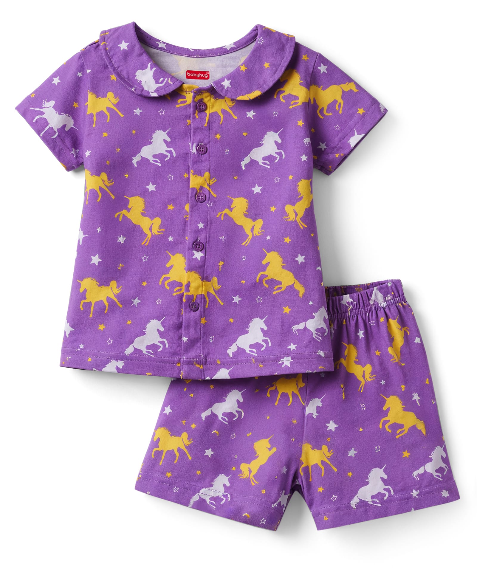 Babyhug Cotton Knit Half Sleeves Peter Pan Collared Co-Ords Top & Short Nigh Suit With Unicorn Print - Purple-image-38