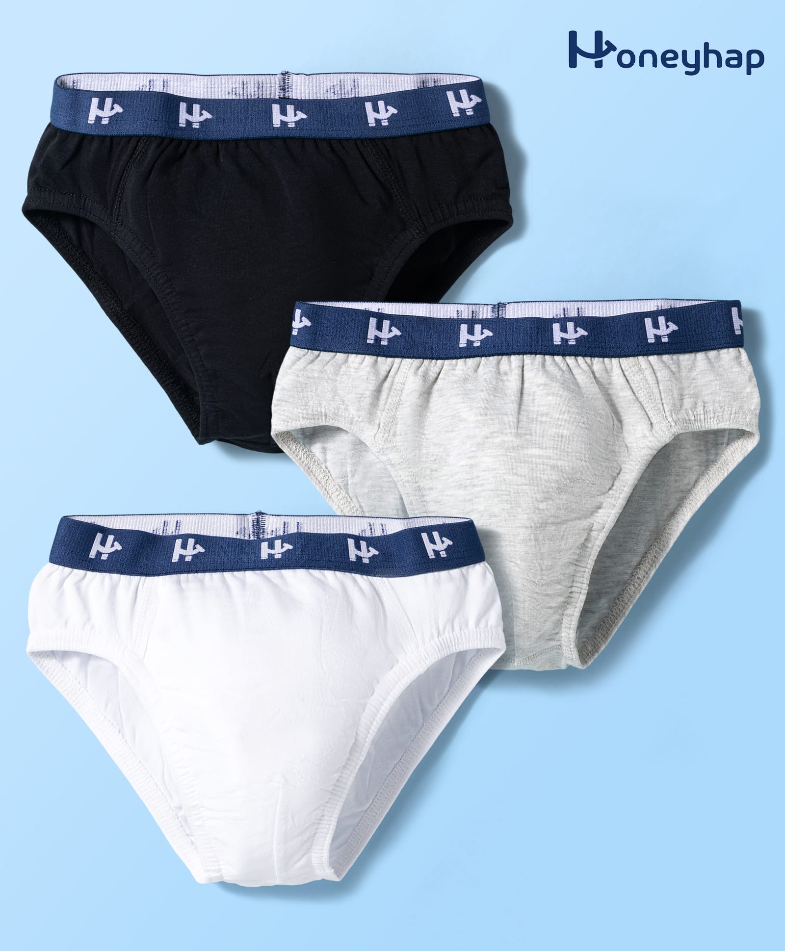 Honeyhap Premium Cotton Elastane Knit Briefs With Bio Finish Pack of 3 - Bright White Black Beauty & White Melange-picture-23