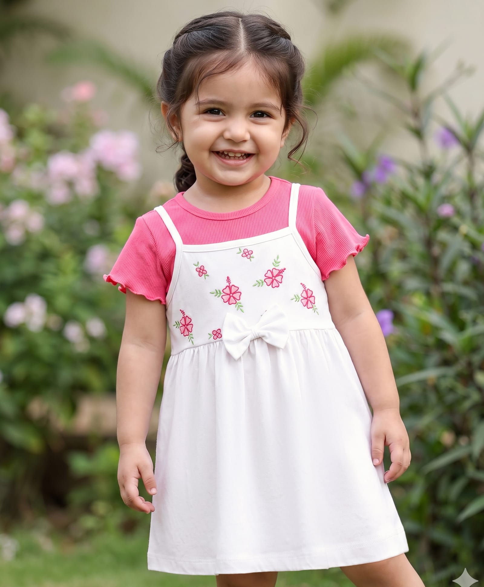 Babyhug Cotton Knit Frock & Half Sleeves Inner Tee with Floral Embroidery - White-image-23