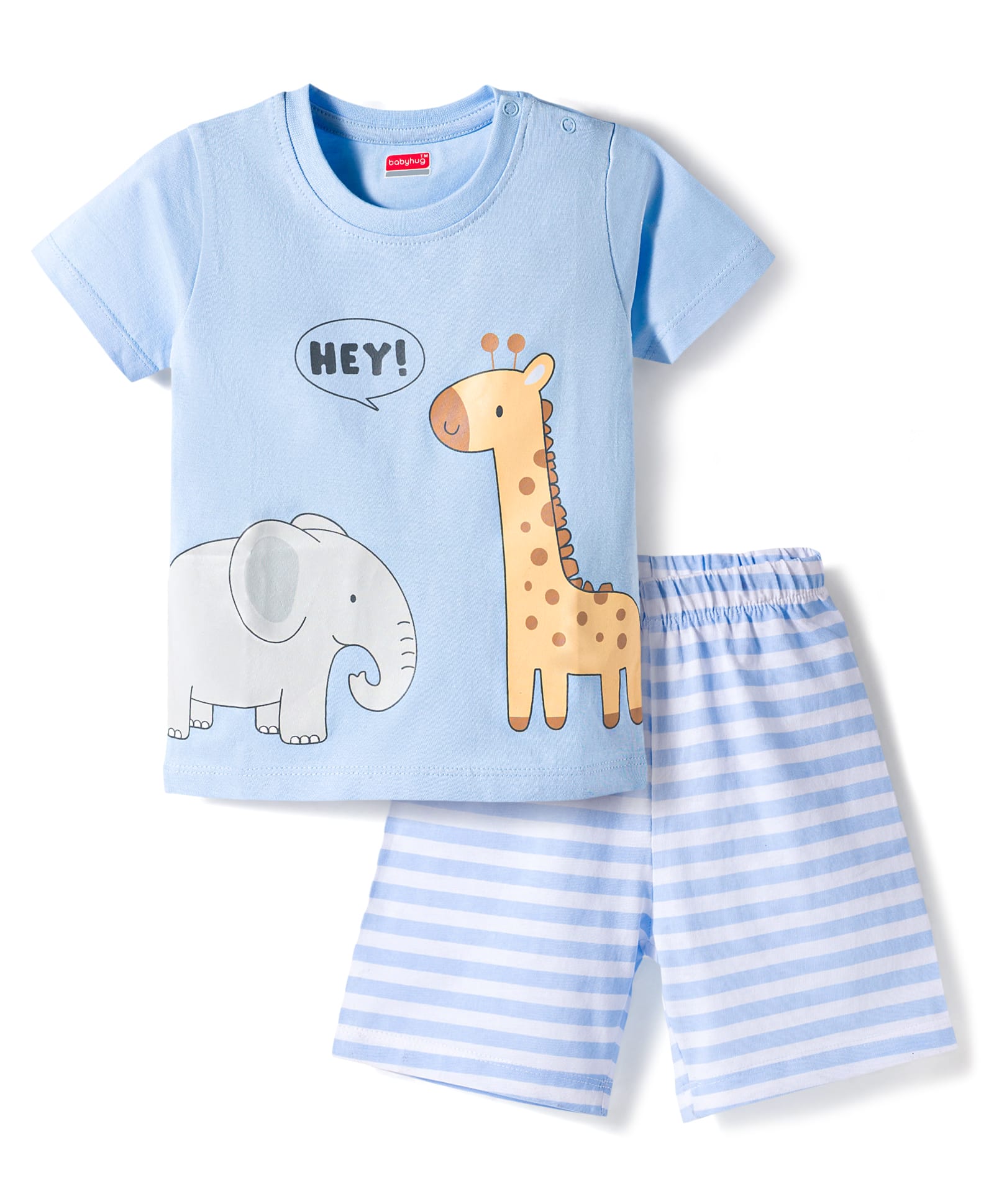 Babyhug Cotton Knit Half Sleeves T-Shirt & Shorts Night Suit With Elephant & Giraffe Print - Blue-picture-45