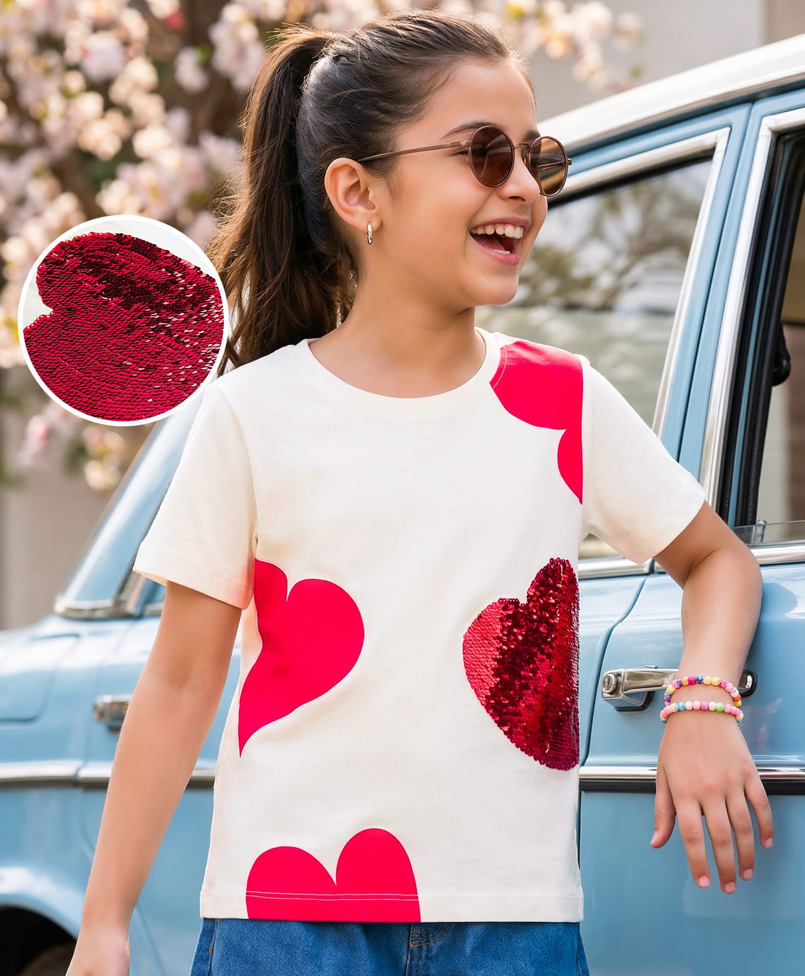 Pine Kids Cotton Knit Half Sleeves T-Shirt With Heart Print & Reversible Sequins - White-image-0