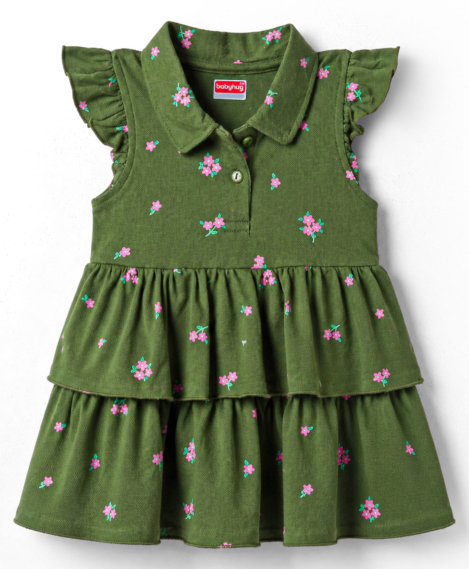 Babyhug Cotton Knit Half Sleeves Frock with Floral Print - Green-image-49