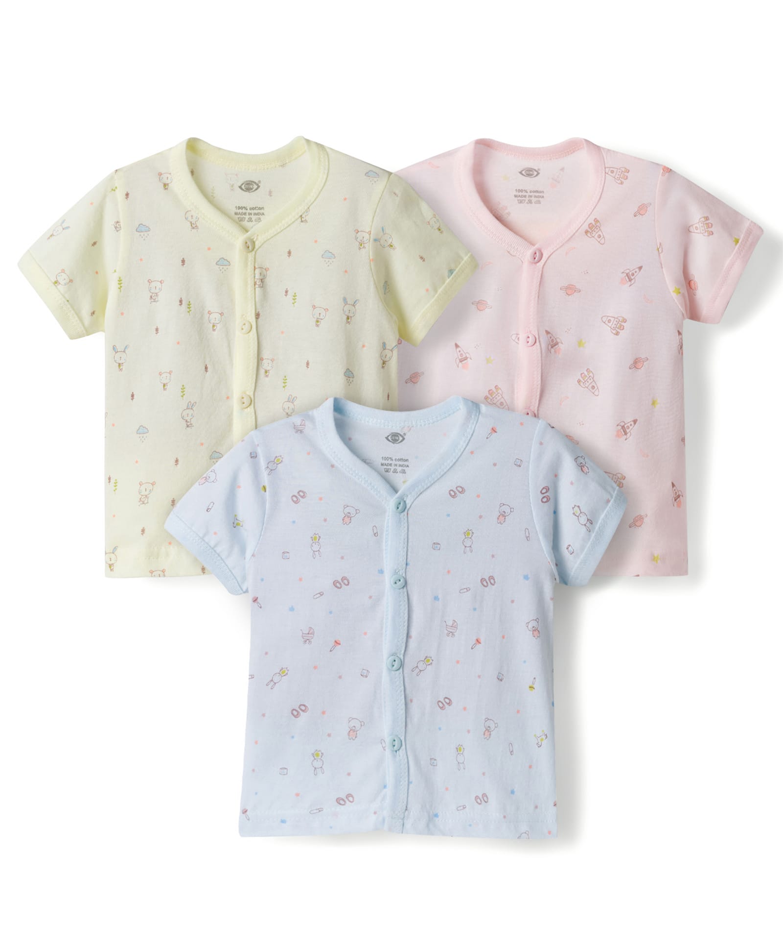 Zero Sinker Knit Half Sleeves Jhablas With Bunny & Rocket Print Pack of 3 - Blue Peach & Lemon Yellow-picture-15