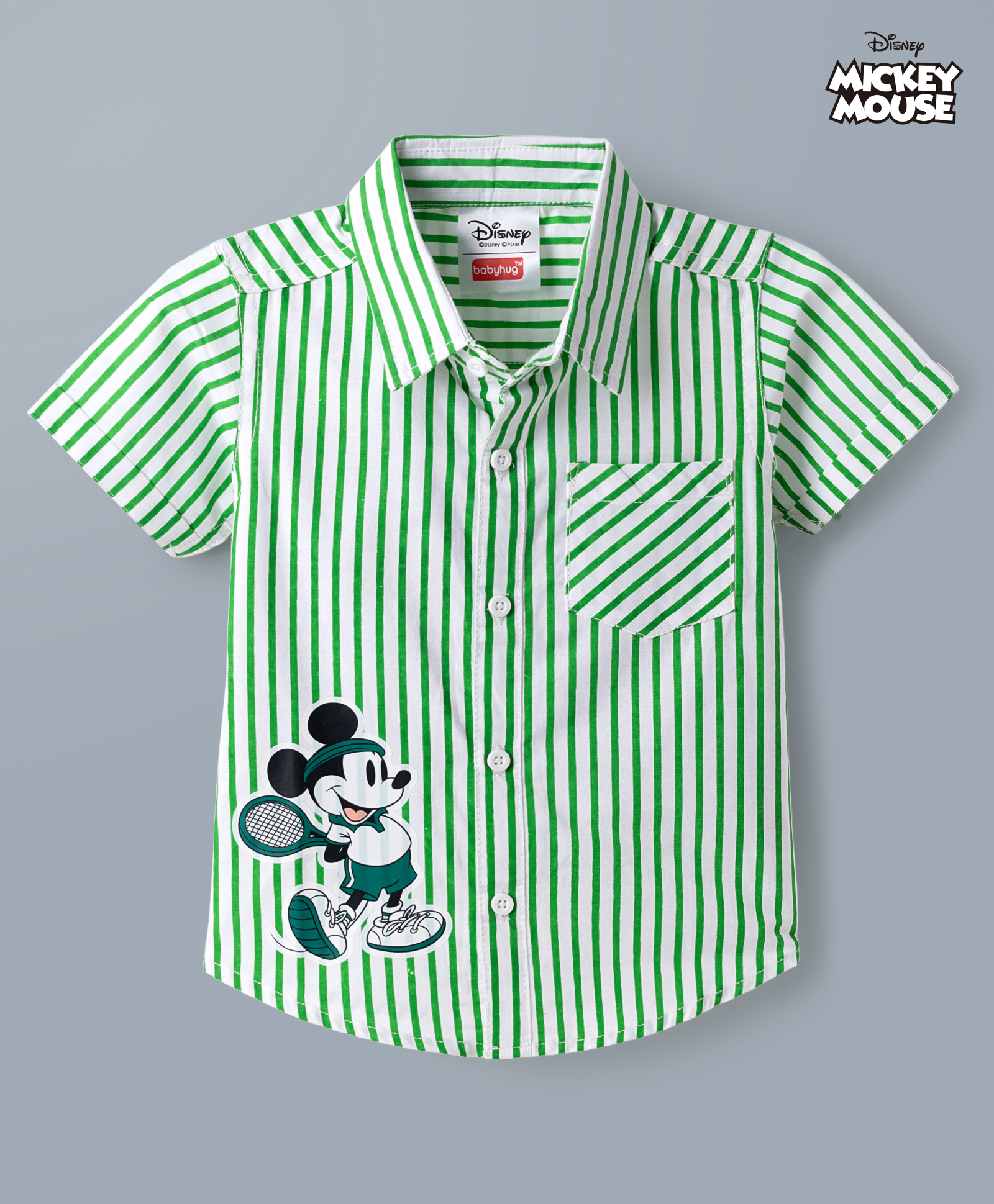 Babyhug Disney Poplin Woven Striped Shirt with Half Sleeves and Mickey Mouse Print - Green-picture-11