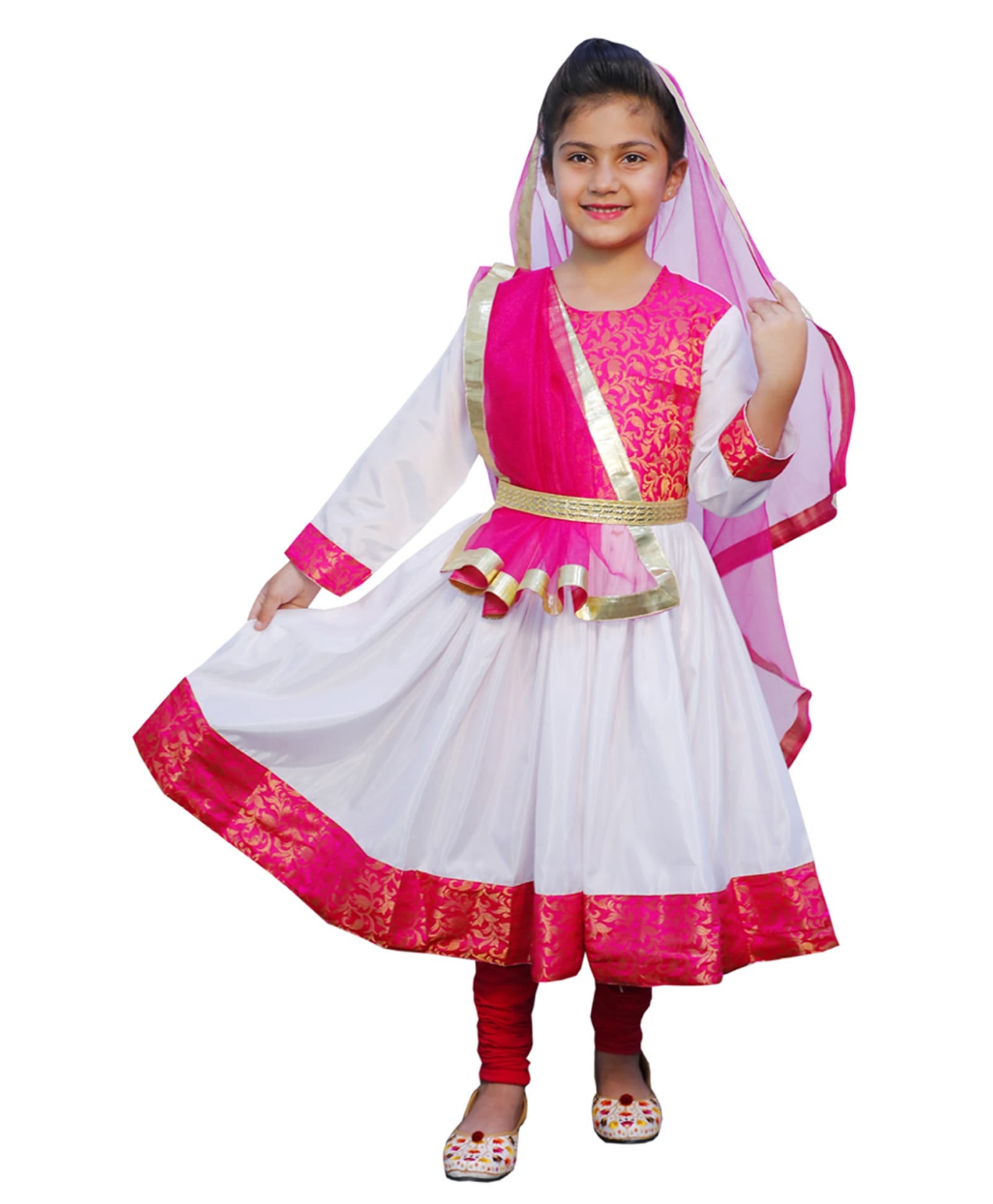 Itsmycostume Kathak Dance Anrakali Costume Set With Dupatta - White & Magenta-image-6