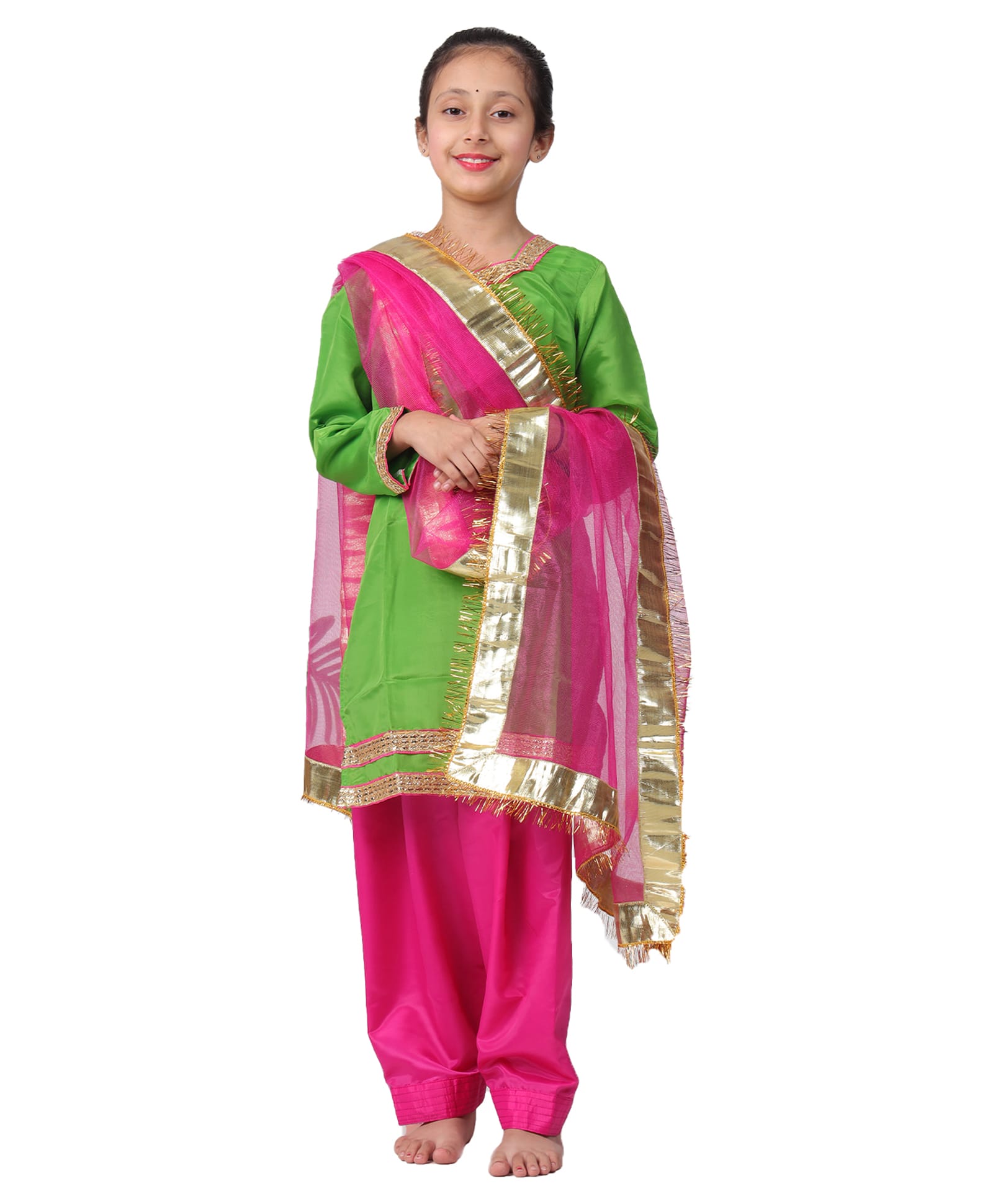 Itsmycostume Silk Full Sleeves Traditional Punjabi Fancy Dress Costume Set - Green & Magenta