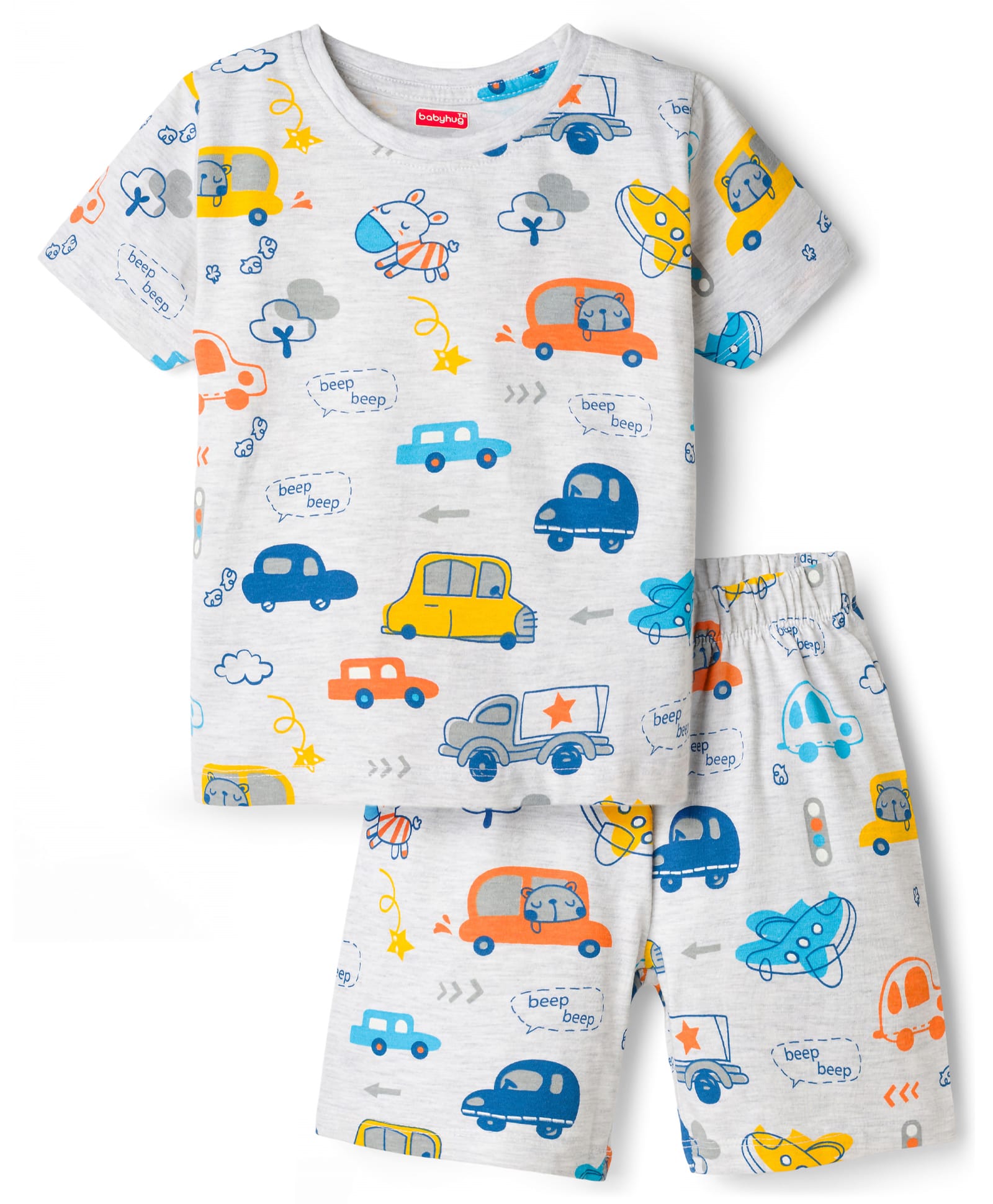 Babyhug Cotton Knit Half Sleeves T-Shirt & Shorts Co-ord Night Suit With Car Print - Grey-image-39