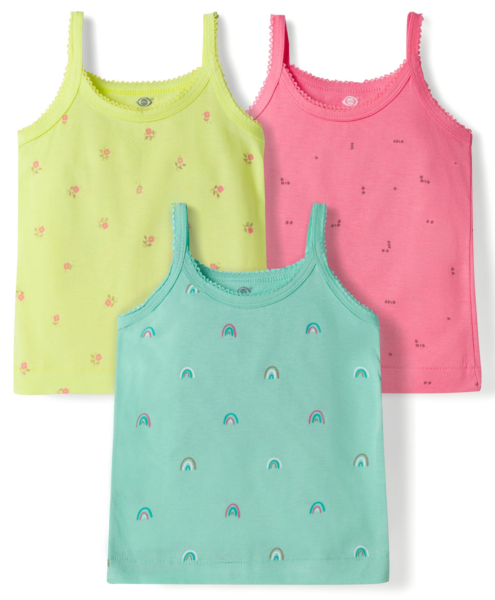 Zero Sinker Knit Sleeveless Slips With Floral Print Pack of 3 - Lemon Yellow Green & Pink-image-16