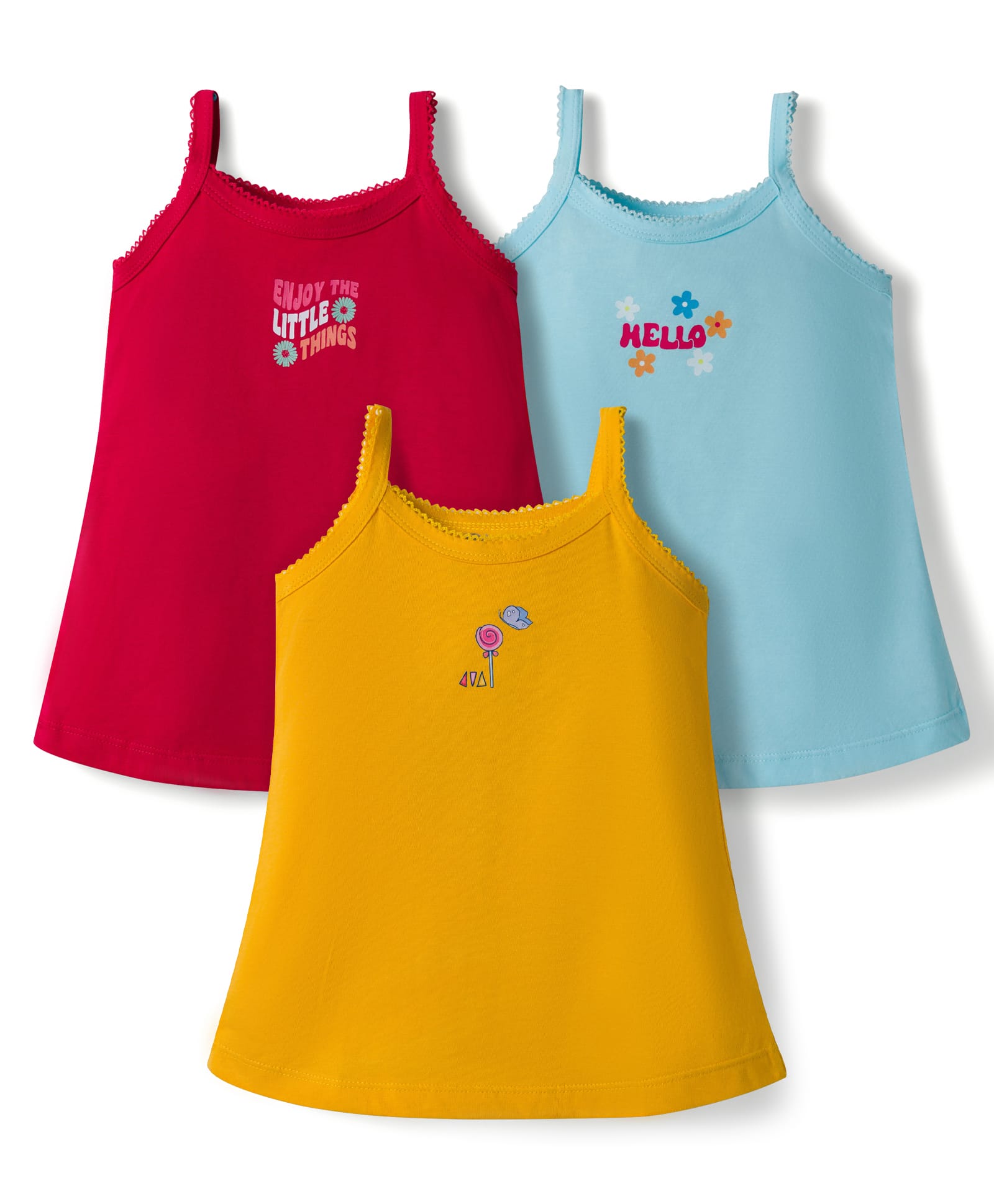 Zero Sinker Knit Sleeveless Printed Slips Pack of 3 - Red Mustard & Aqua Blue-picture-23