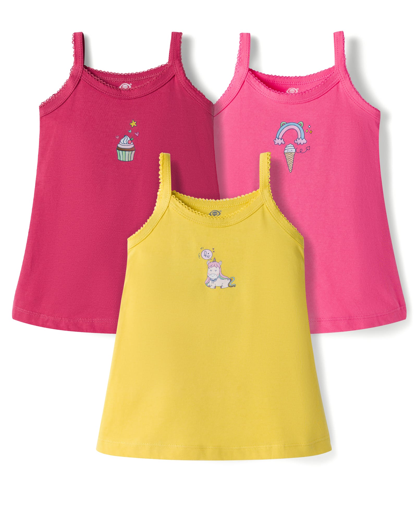 Zero Sinker Knit Sleeveless Slips With Ice-Cream Rainbow & Unicorn Print Pack of 3 - Pink & Yellow-image-32