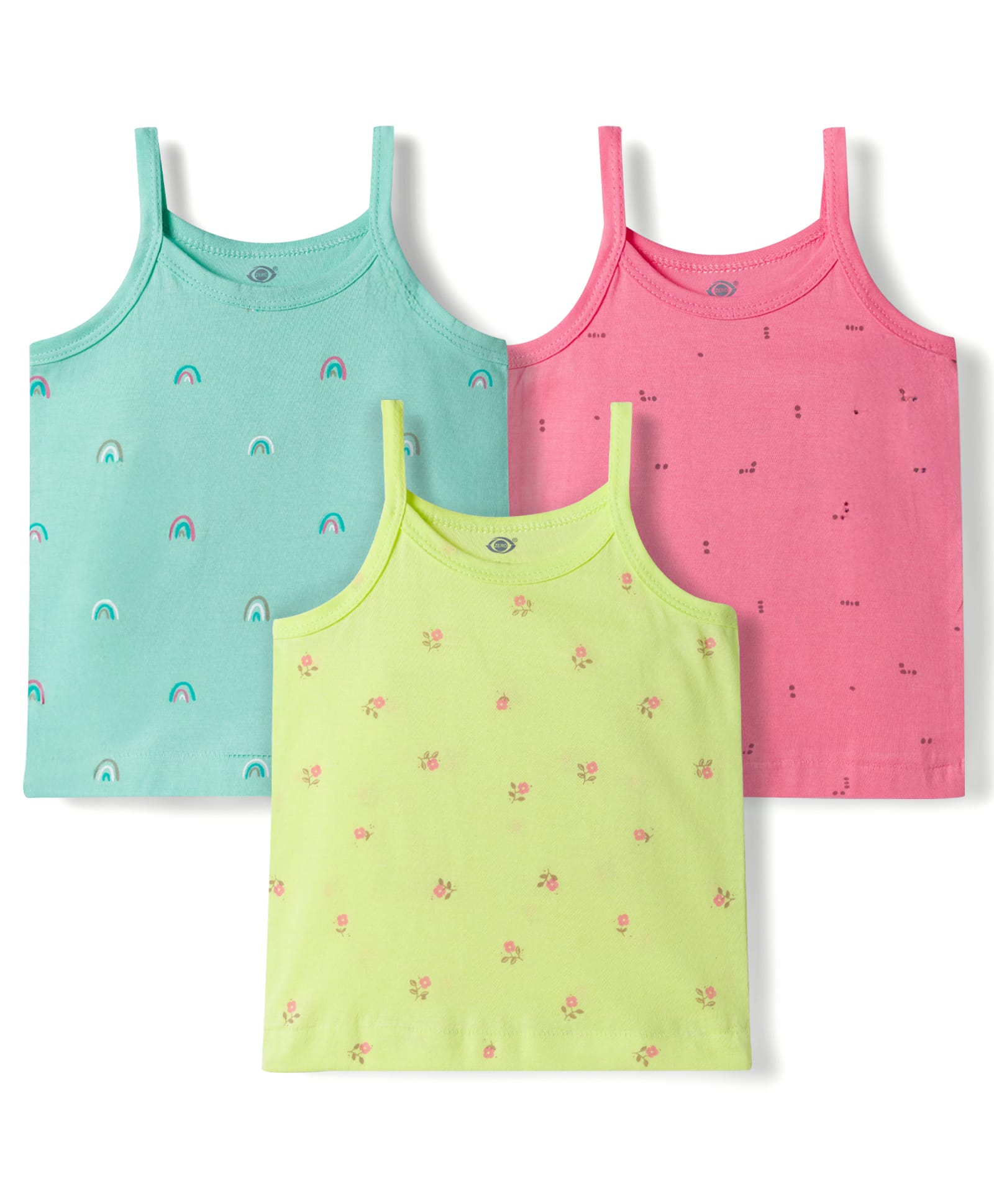 Zero Sinker Knit Sleeveless Slips With Floral & Rainbow Print Pack of 3 - Lemon Yellow Pink & Green-image-34