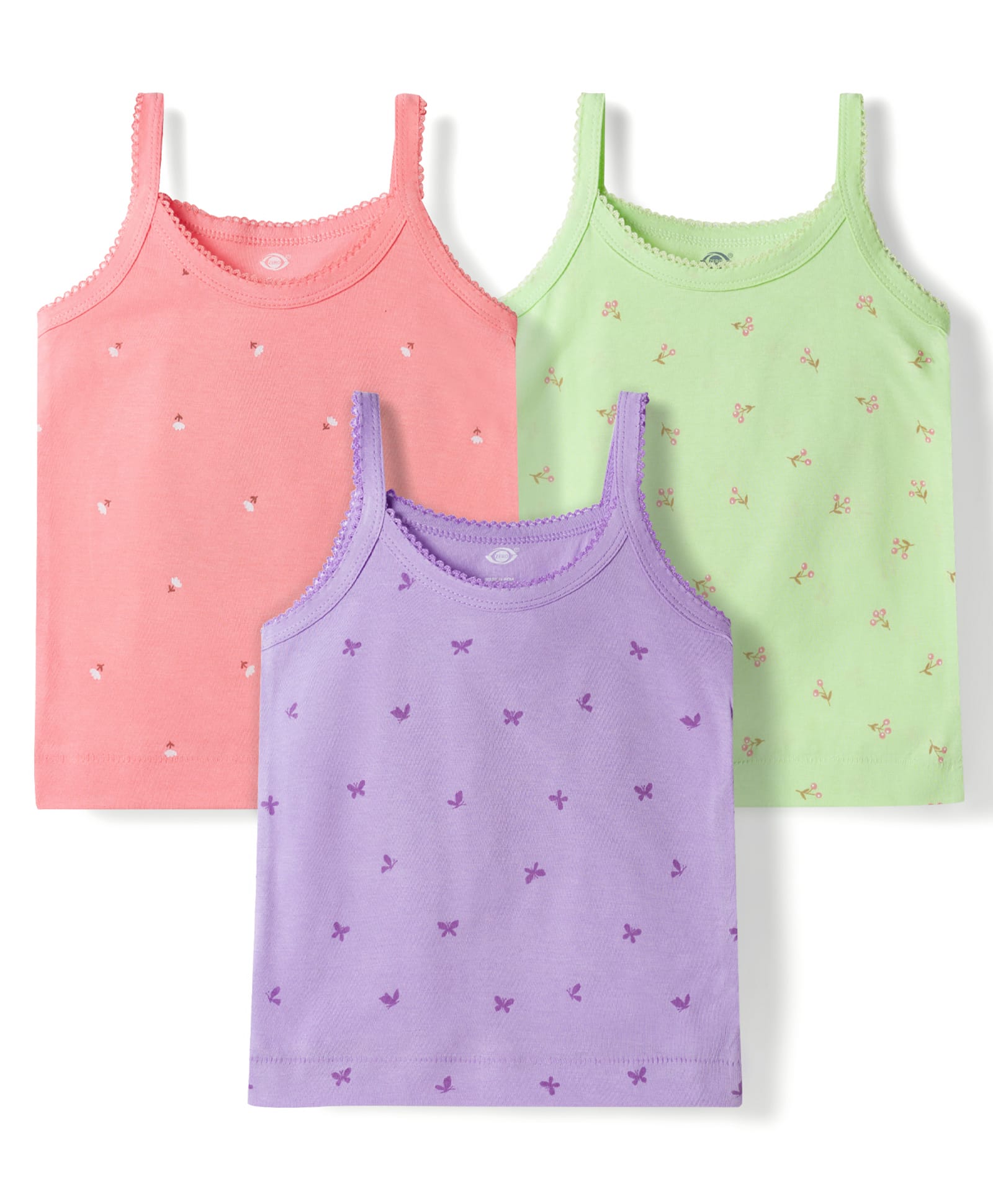 Zero Sinker Knit Sleeveless Slips With Butterfly & Floral Print Pack of 3 - Lilac Coral & Green-image-21