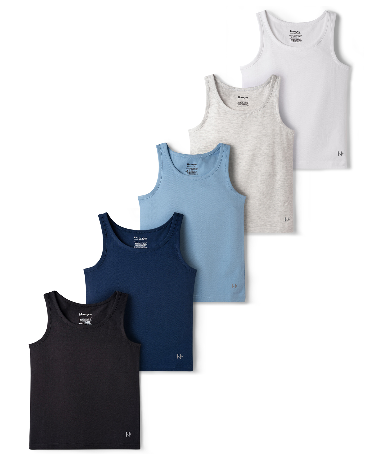 Honeyhap Premium 100% Cotton Elastane Knit Sleeveless Solid Vests With Bio Finish Pack Of 5 - White Navy & Light Blue-image-24