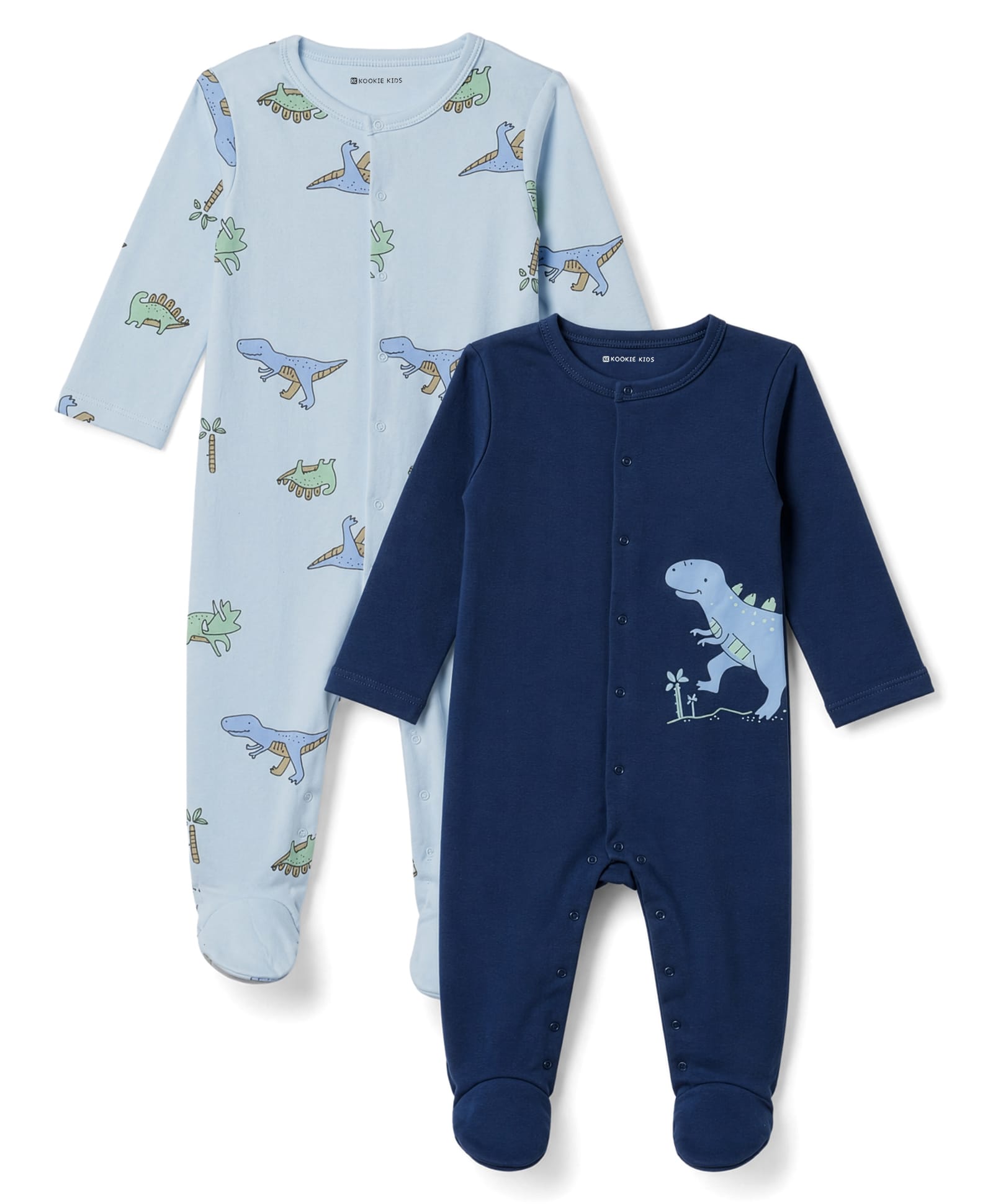Kookie Kids Interlock Knit Full Sleeves Dino Printed Sleepsuits Pack Of 2 - Navy Blue & Light Blue-image-28