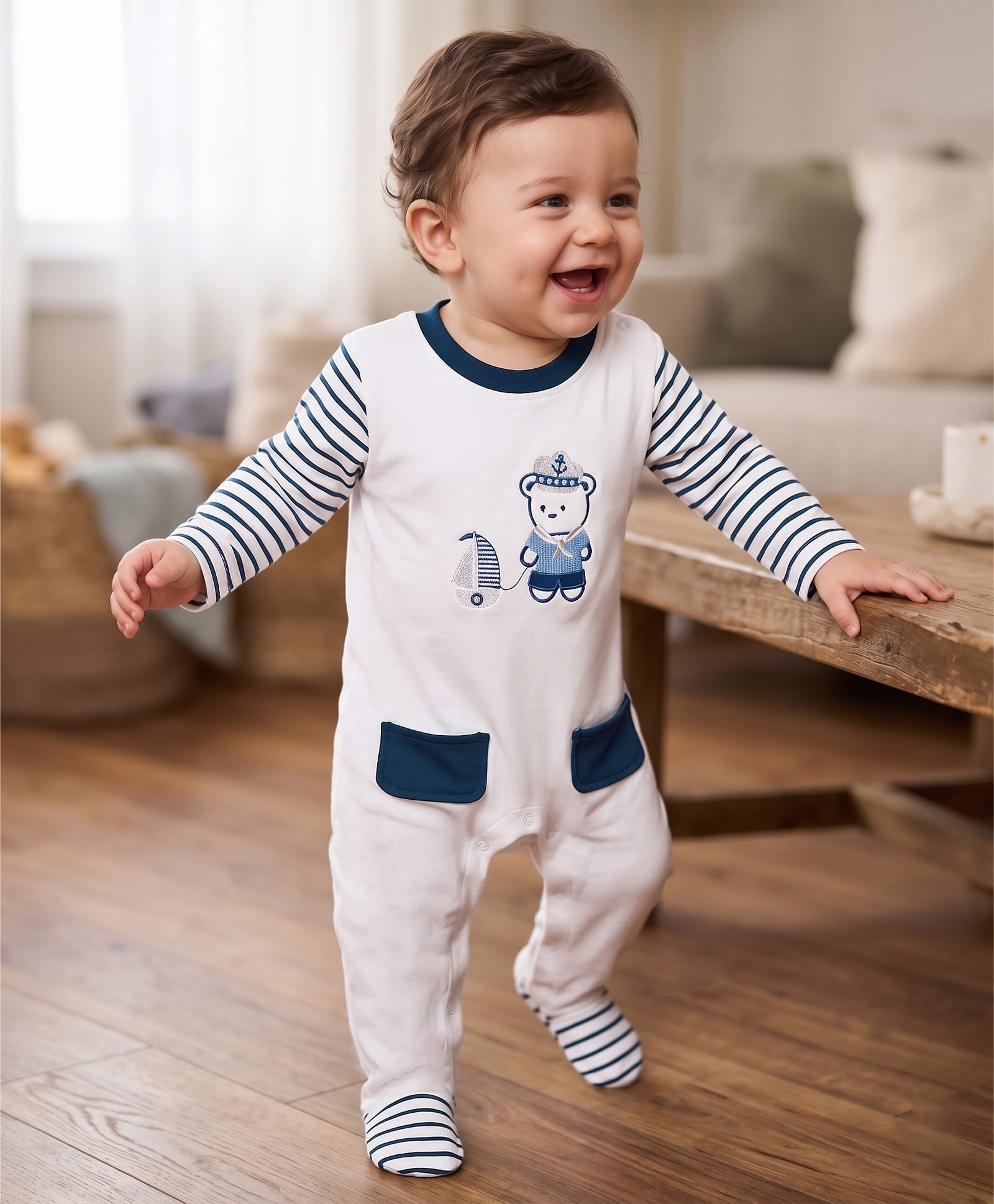 Kookie Kids Interlock Knit Full Sleeves Striped Sleep Suit with Nautical Theme Embroidery - White-image-33