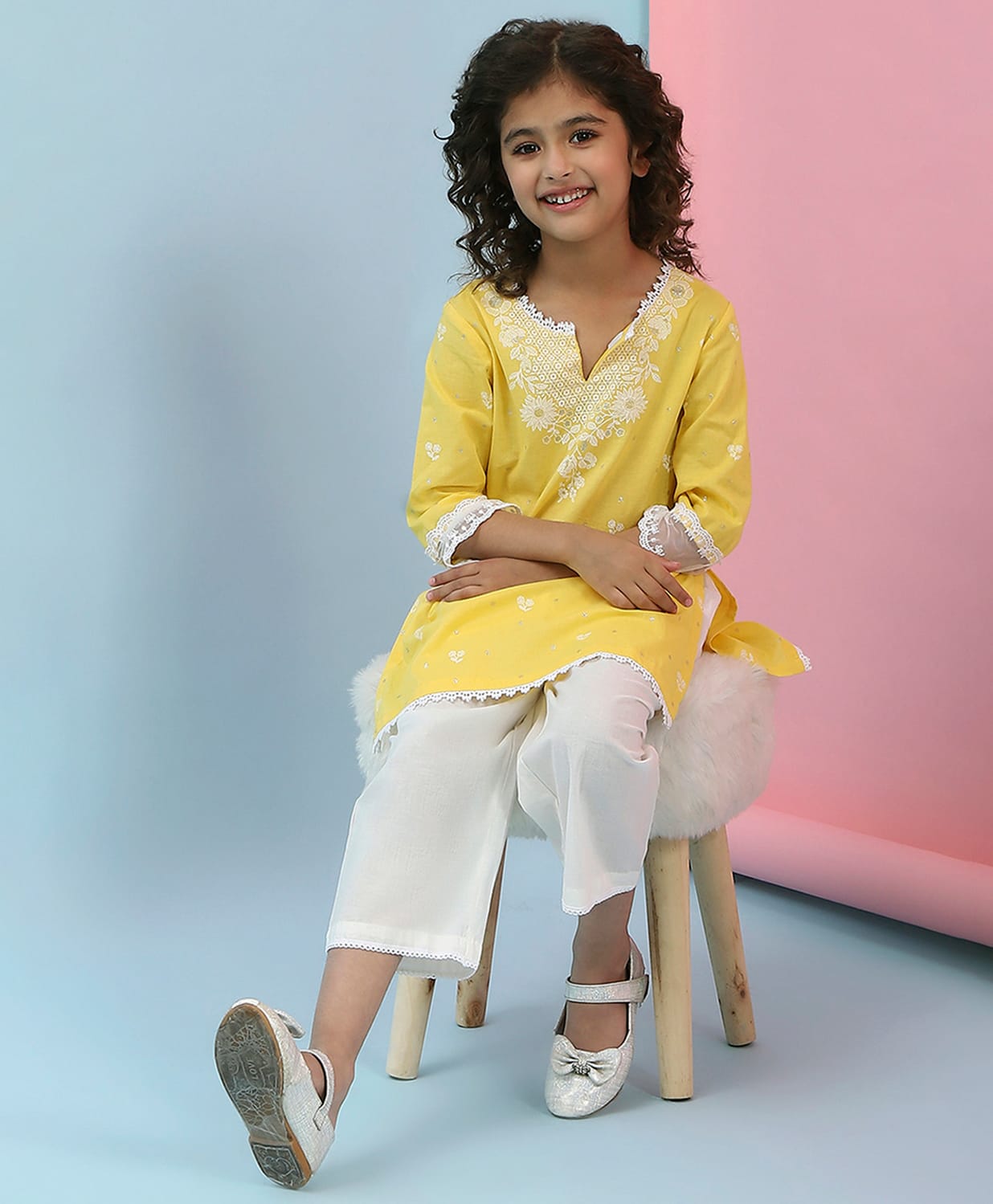 BIBA Cotton Woven Three Fourth Sleeves Floral Embroidered Kurta & Salwar Set - Yellow-picture-10