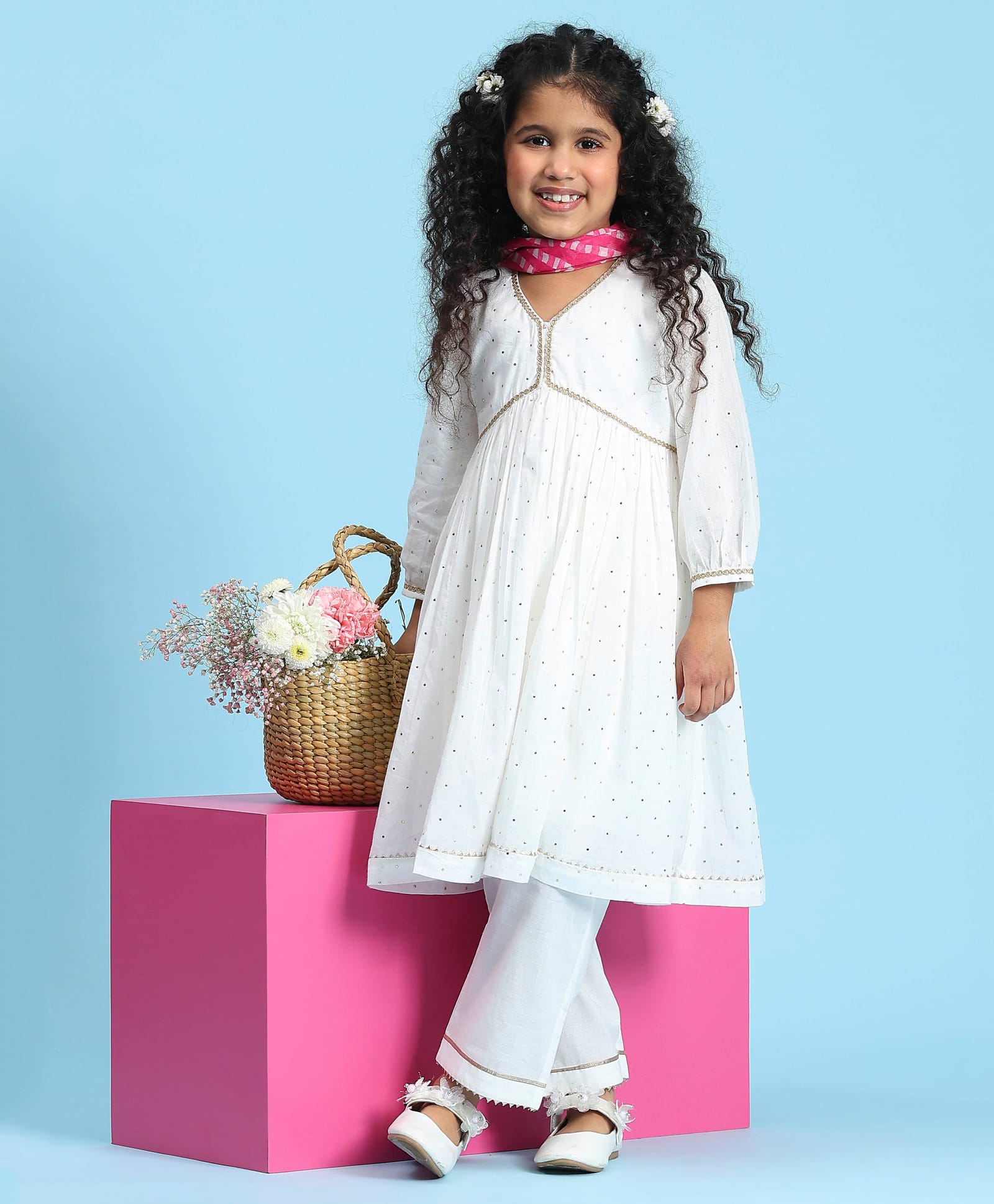 BIBA Cotton Woven Full Sleeves Stone & Gota Lace Embellished Anarkali Kurti Salwar Set With Dupatta - White-image-25