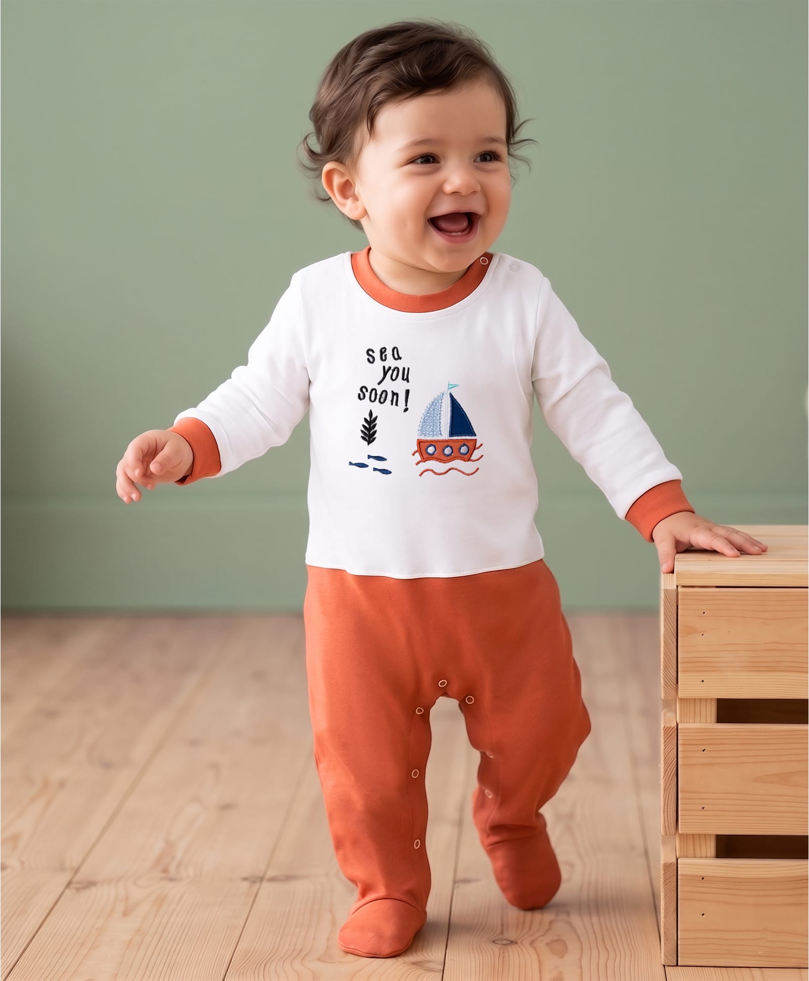 Kookie Kids Interlock Knit Full Sleeves Sleep Suit with Nautical Theme Embroidery - Brown-image-25