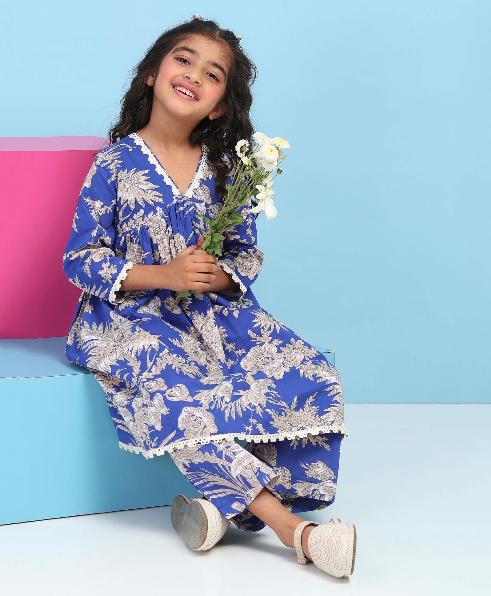 BIBA Cotton Woven Three Fourth Sleeves Floral Printed Kurti & Salwar Set - Blue-picture-10