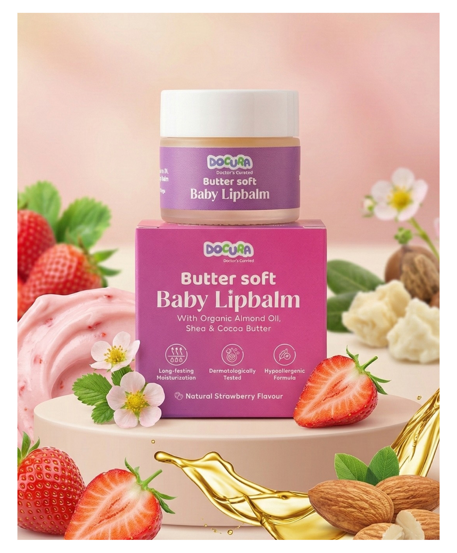 Docura Butter Soft Baby Lip Balm for Dry & Delicate Lips | Gentle Care with Almond & Coconut Oil, Cocoa & Shea Butter | Natural Strawberry Flavour | 10 gm-image-7