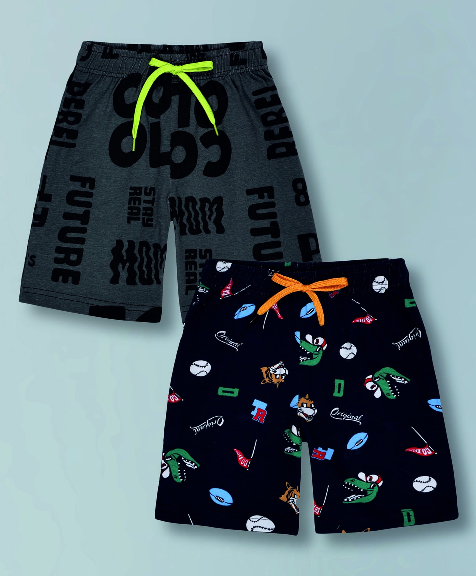 Plum Tree 100% Cotton Knit Pack Of 2 Dinosaur & Typography Printed Shorts - Navy Blue & Charcoal-picture-16