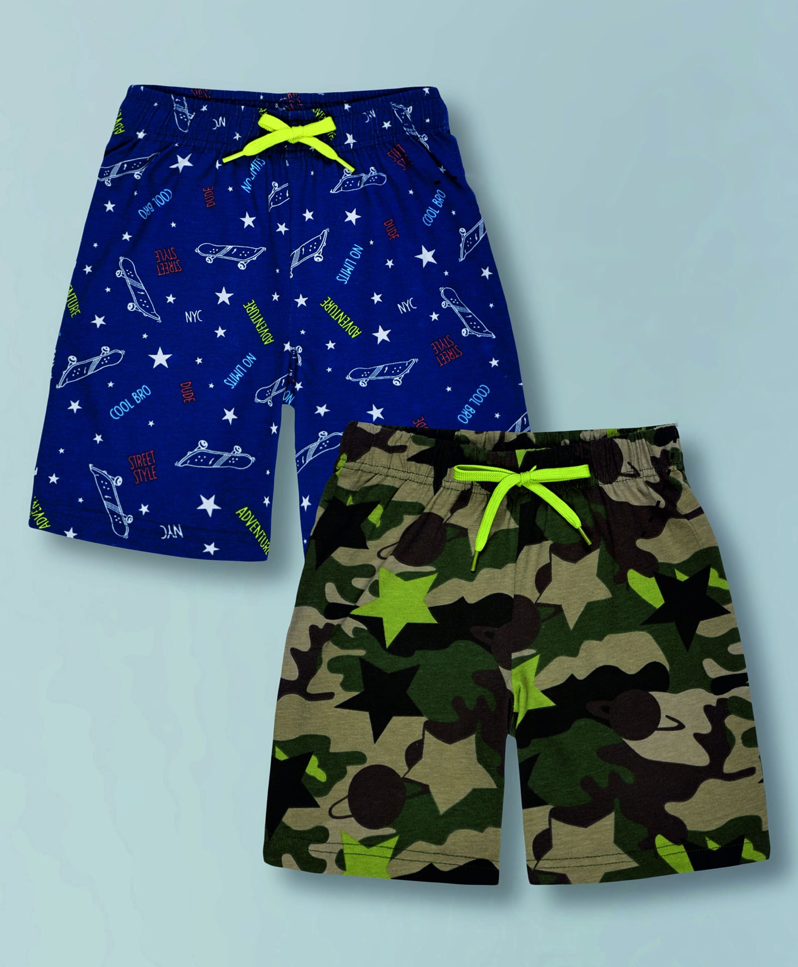 Plum Tree 100% Cotton Knit Pack Of 2 Skateboard & Camouflage Printed Shorts - Blue & Beige-picture-27