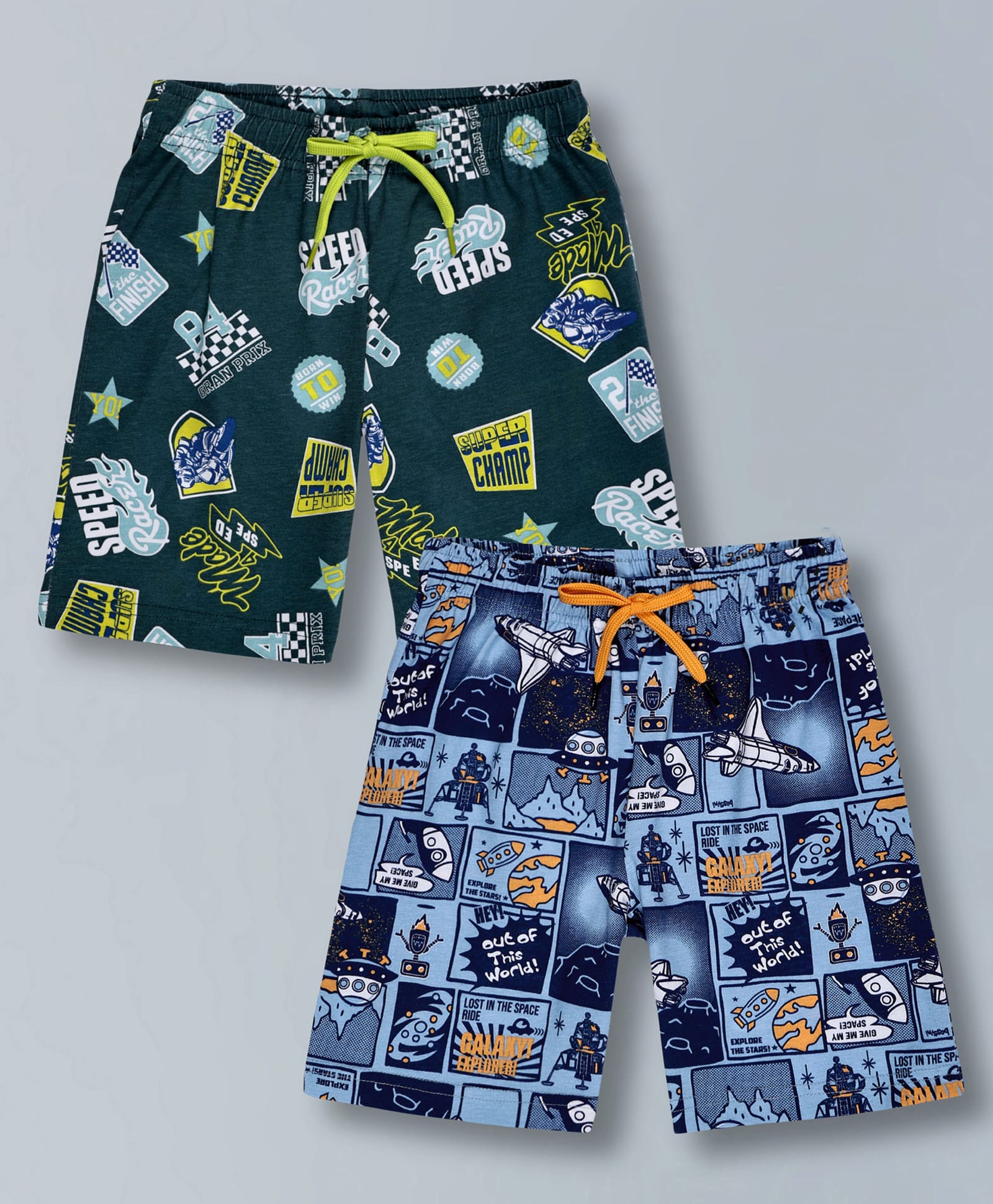 Plum Tree 100% Cotton Knit Pack Of 2 Racing & Space Theme Printed Shorts - Green & Light Blue-picture-22