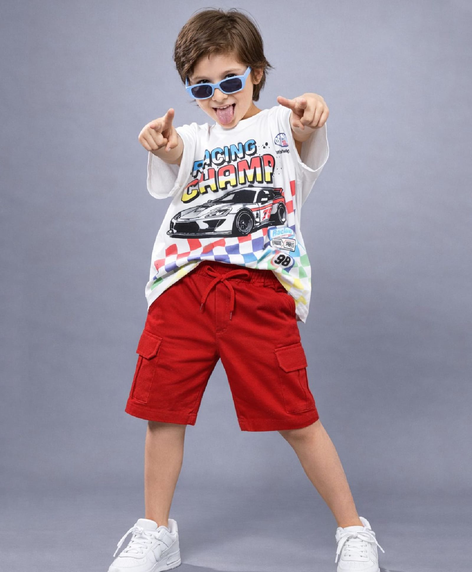 Plum Tree 100% Cotton Knit Half Sleeve Racing Champ Printed Oversized T-Shirt and Cargo Short Set - White and Red-picture-22