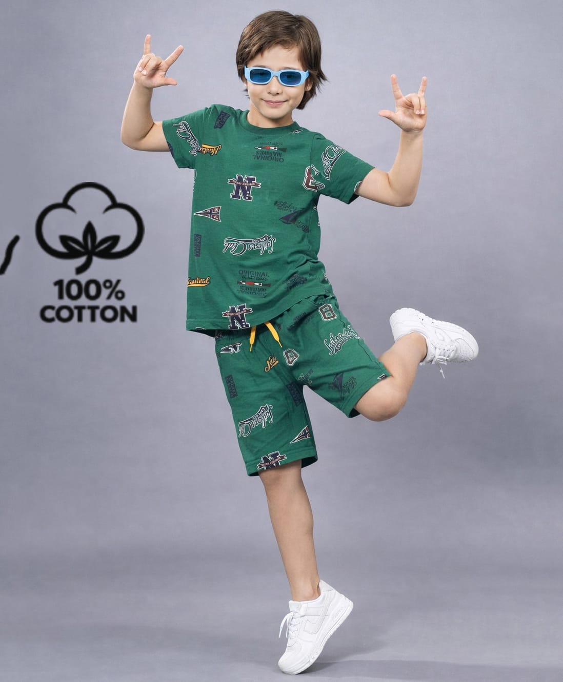 Plum Tree 100% Cotton Knit Half Sleeves Typography Printed Coordinating Tee & Shorts Set - Green-picture-13