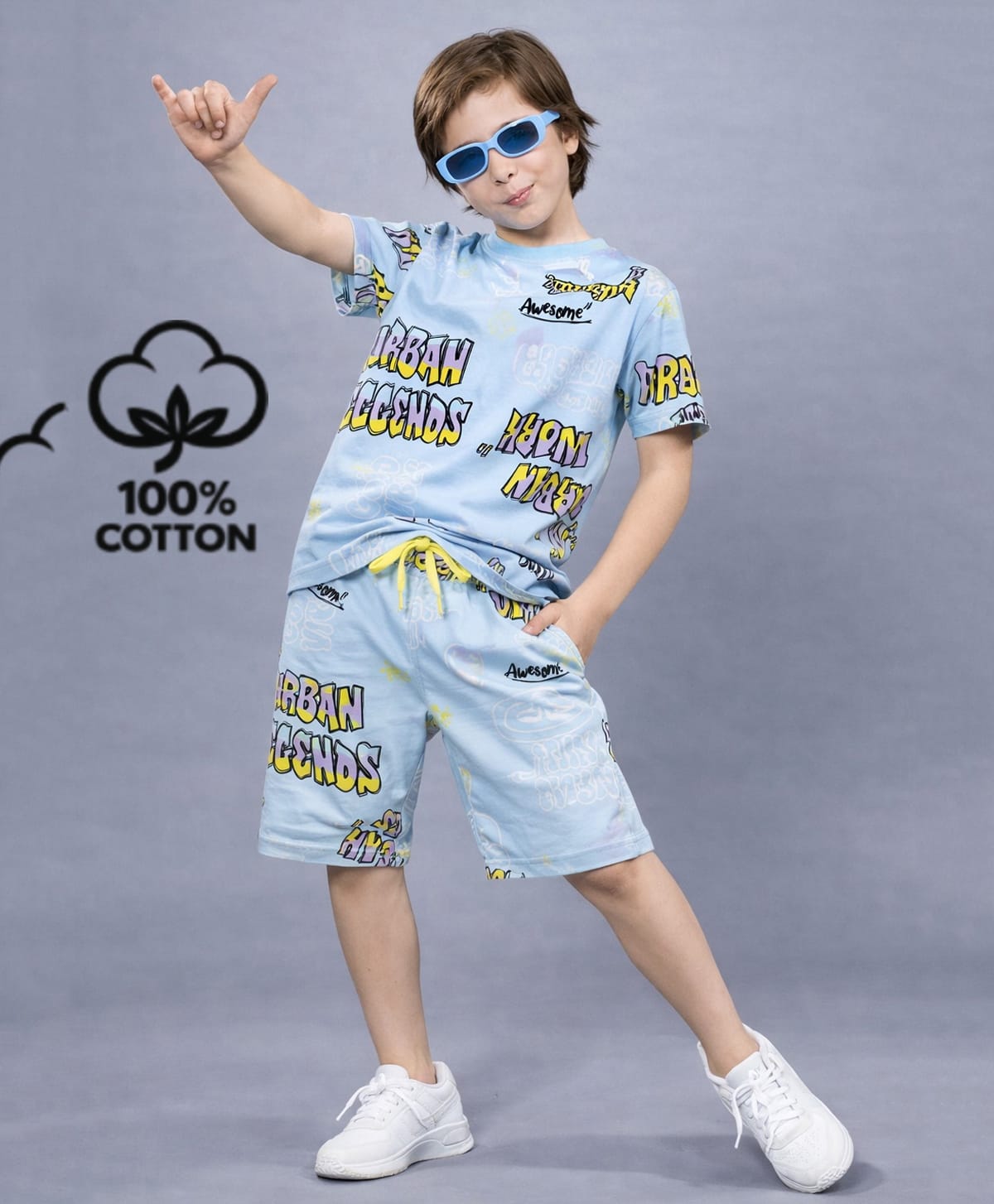 Plum Tree 100% Cotton Knit Half Sleeves Typography Printed Coordinating Tee & Shorts Set - Light Blue-picture-21