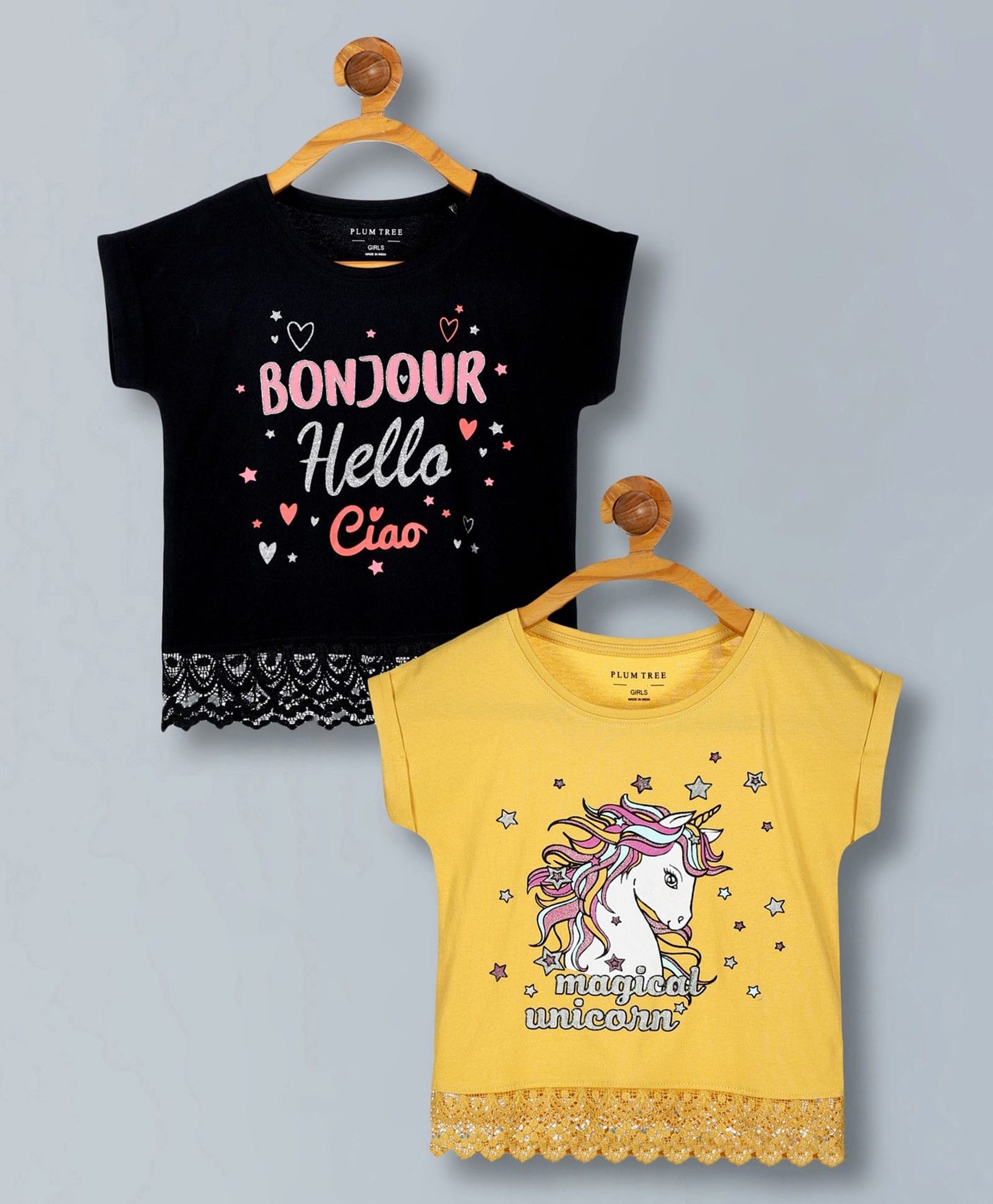 Plum Tree 100% Cotton Knit Pack Of 2 Half Sleeves Unicorn & Bonjour Hello Ciao Text Printed Tees - Yellow & Black-picture-28