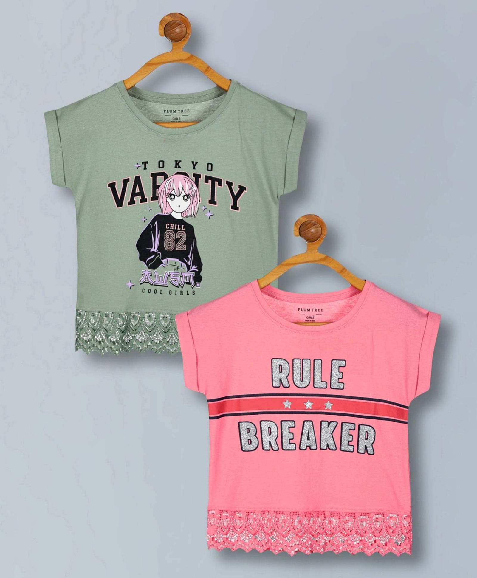 Plum Tree 100% Cotton Knit Pack Of 2 Half Sleeves Rule Breaker Text & Girl Printed Crop Tops - Green & Pink-picture-26