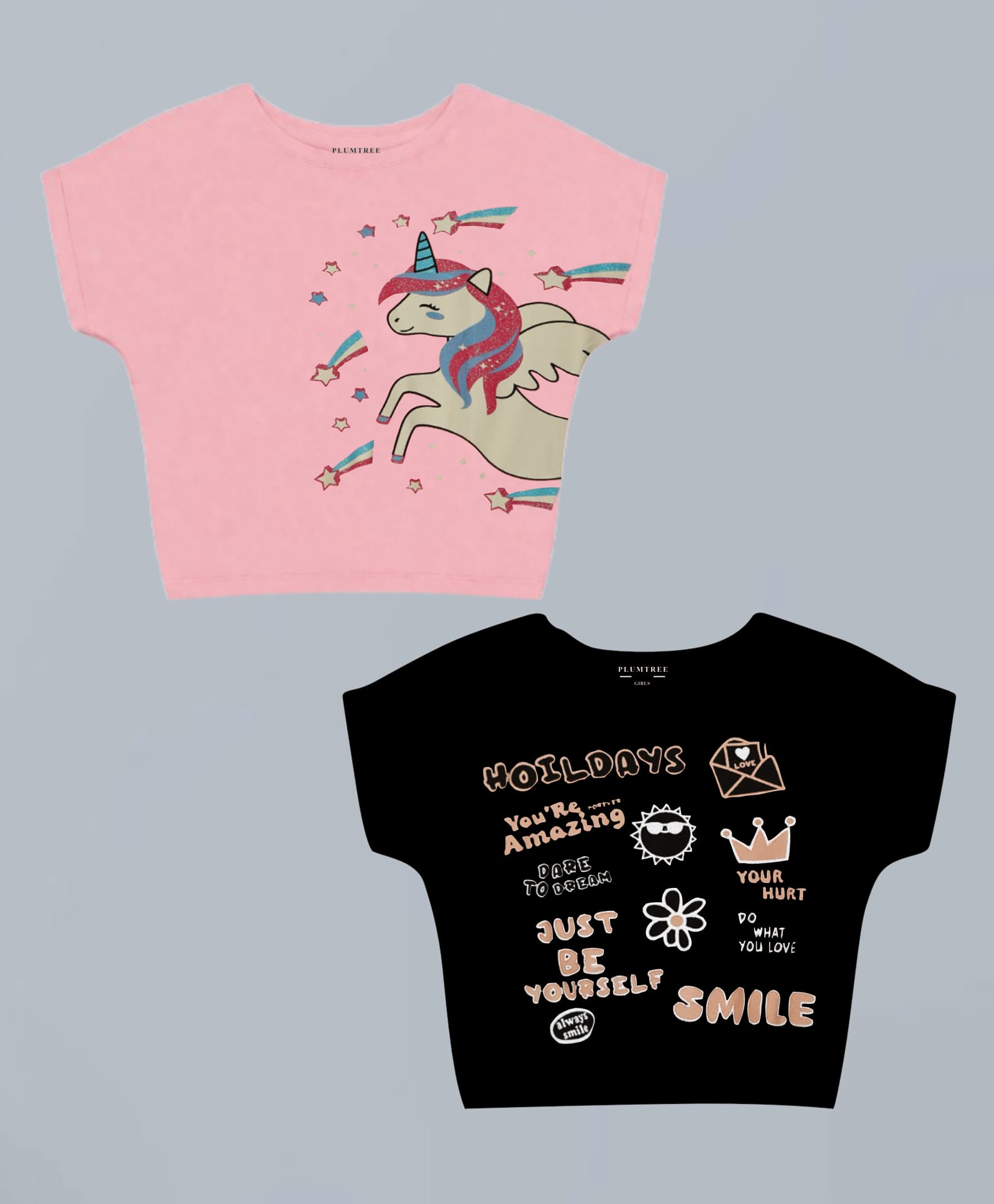 Plum Tree 100% Cotton Knit Pack Of 2 Half Sleeves Unicorn & Holidays Text Printed Crop Tops - Light Pink & Black-picture-24