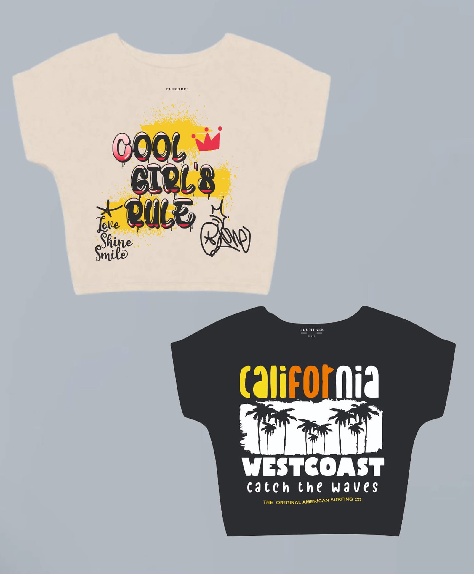 Plum Tree 100% Cotton Knit Pack Of 2 Half Sleeves Cool Girls Rule & California Text Printed Crop Tops - Blue & Beige-picture-25